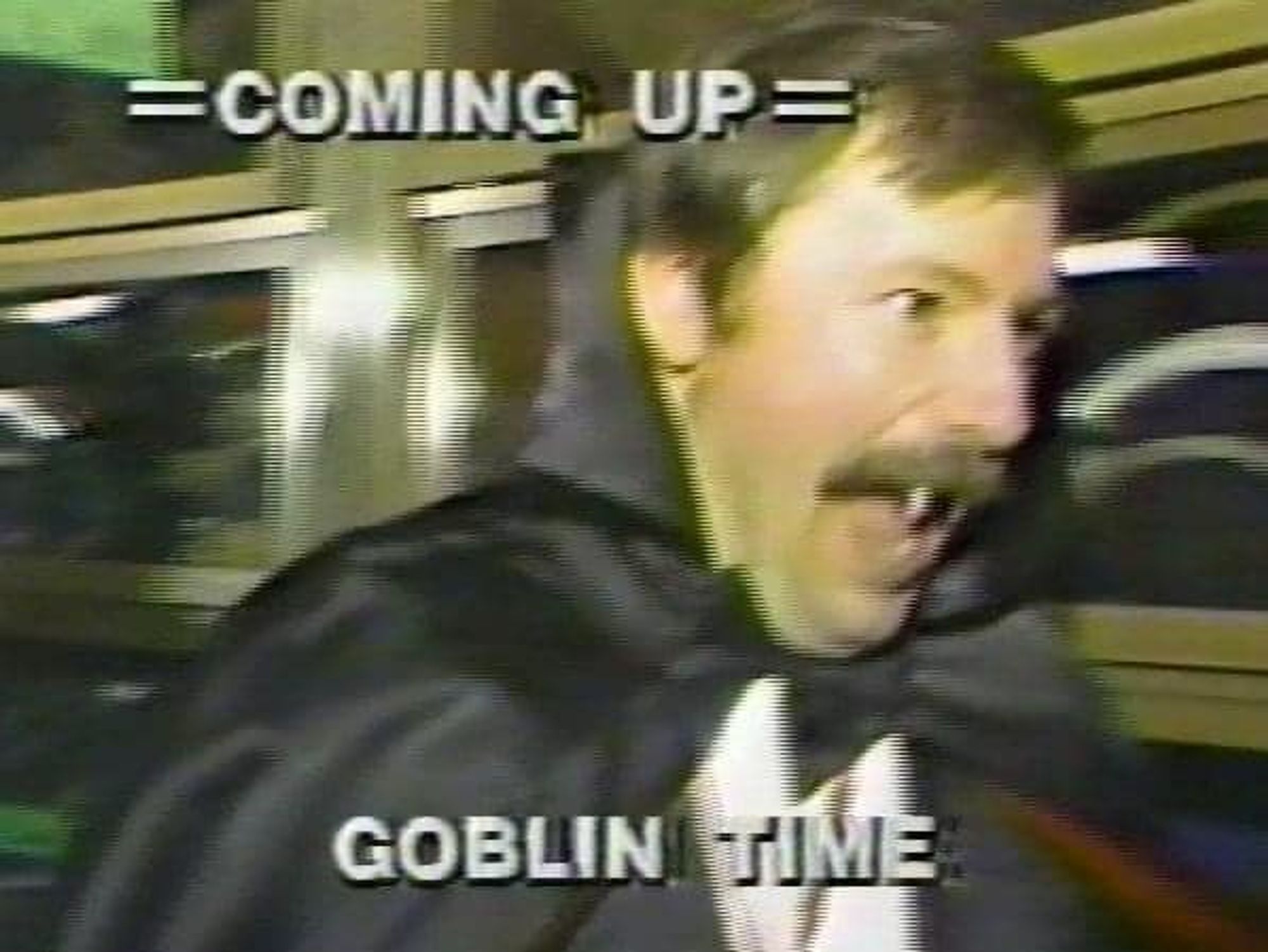 A man dressed up like a vampire with a news like overlay that says coming up goblin time