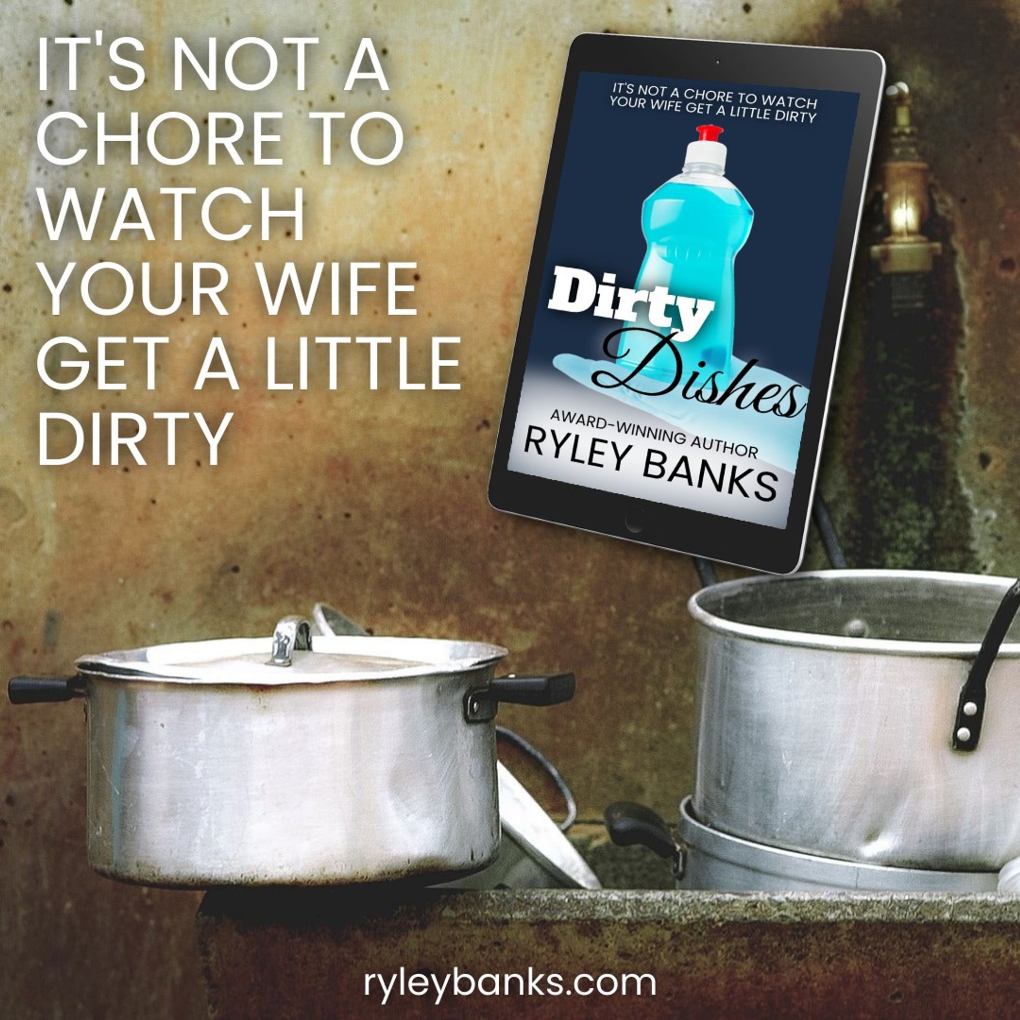 Text reads: It's not a chore to watch your wife get a little dirty. A picture of the cover for Dirty Dishes by Ryley Banks is on a tablet--it's a blue gloved hand holding a full bottle of blue dish soap. The background of the main picture is brown and grungy, and stainless steel pots sit in a sink ready to be washed.