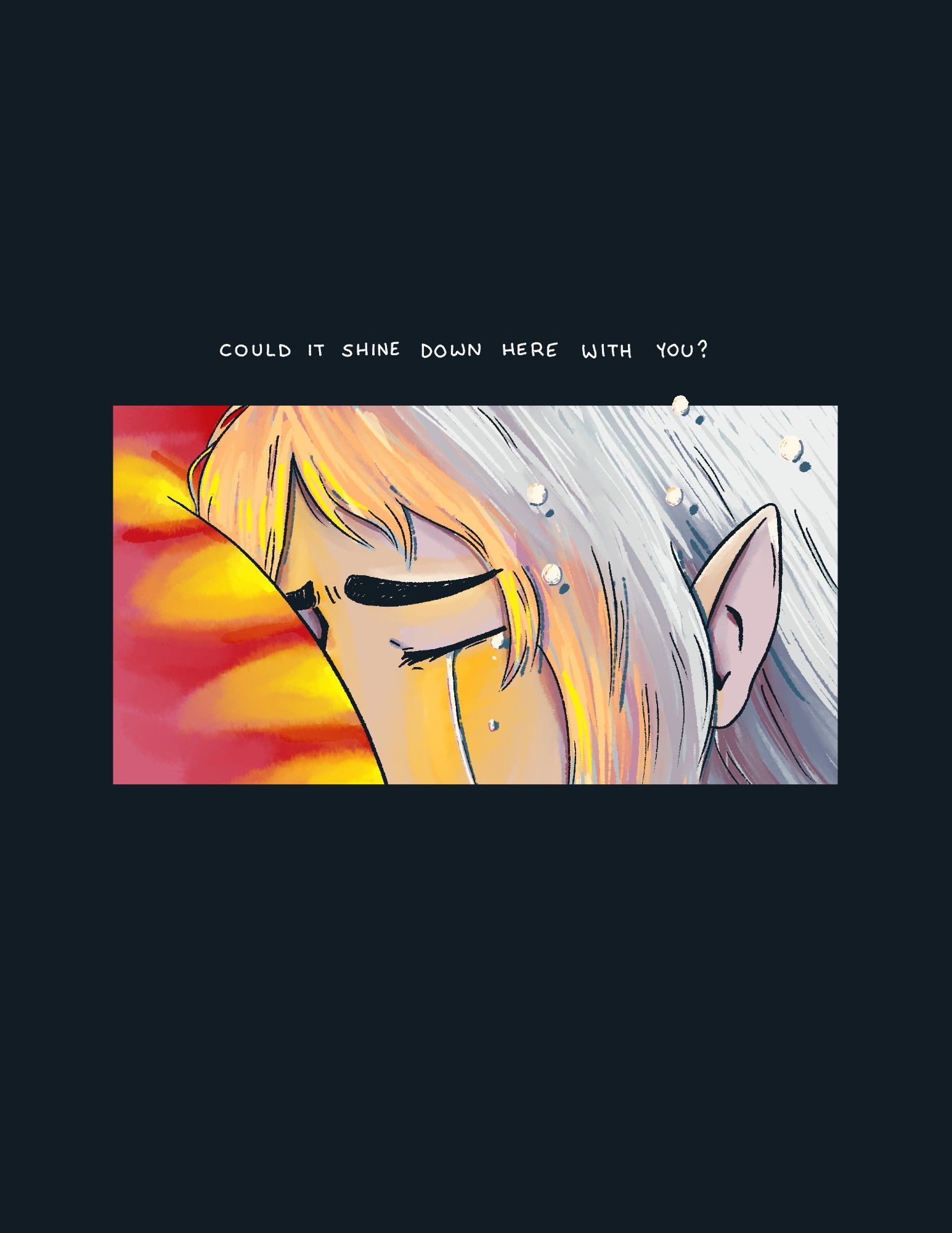 Shadowheart's face pressed into Karlach's chest with floating tear drops; lyrics from Mitski's "My Love is Mine All Mine" which read: could it shine down here with you?