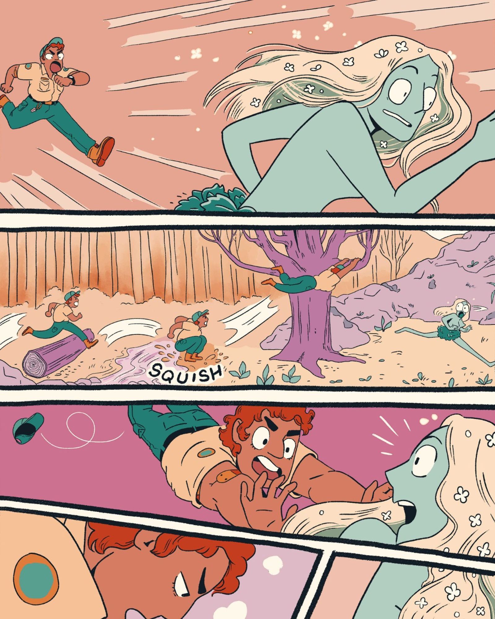 Comic page: a park ranger chases after a green plant girl (who is anthropomorphized invasive garlic mustard)