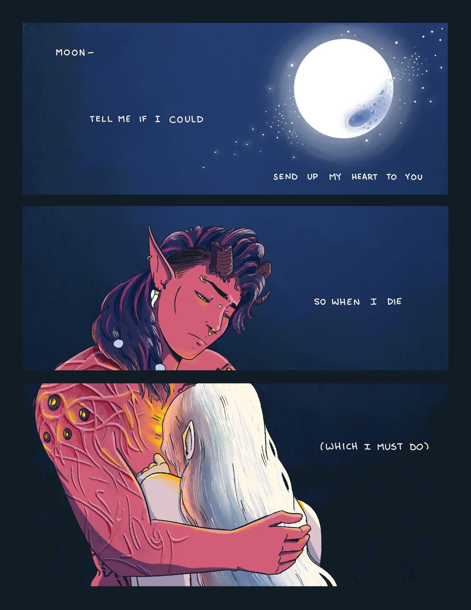 Karlach and Shadowheart in moonlight; lyrics from Mitski's "My Love is Mine All Mine" which read: Moon- tell me if I could send up my heart to you, so when I die (which I must do)