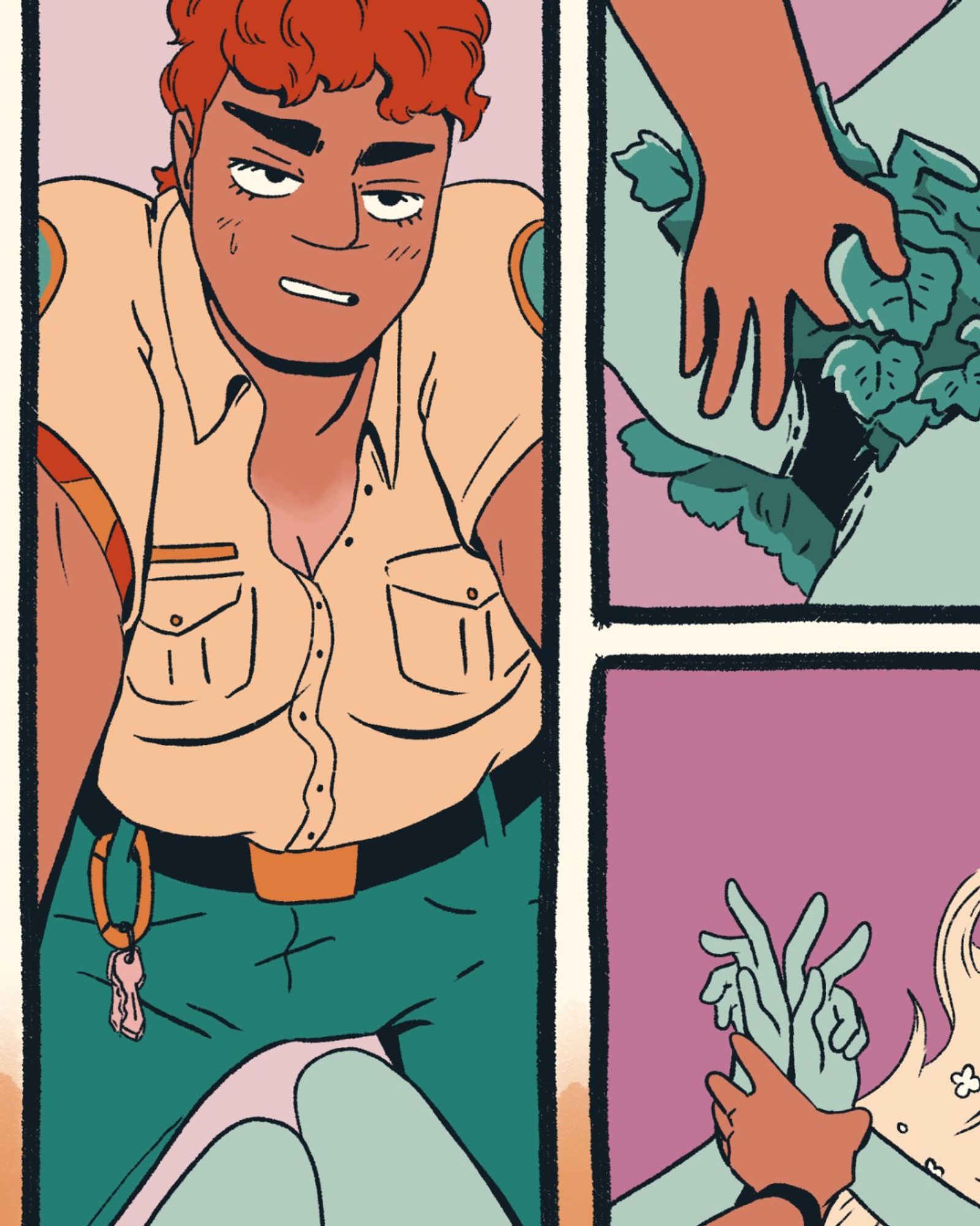 Comic page: a park ranger pins down a plant girl