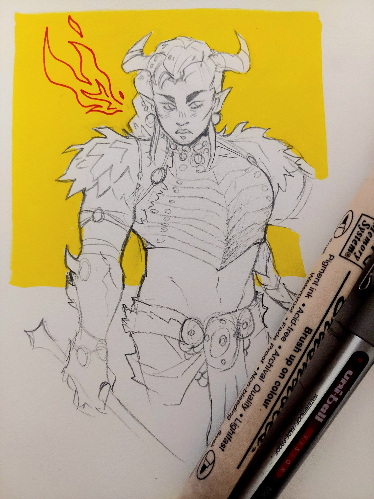 A sketch of Taash from Dragon Age: The Veilguard against a yellow background