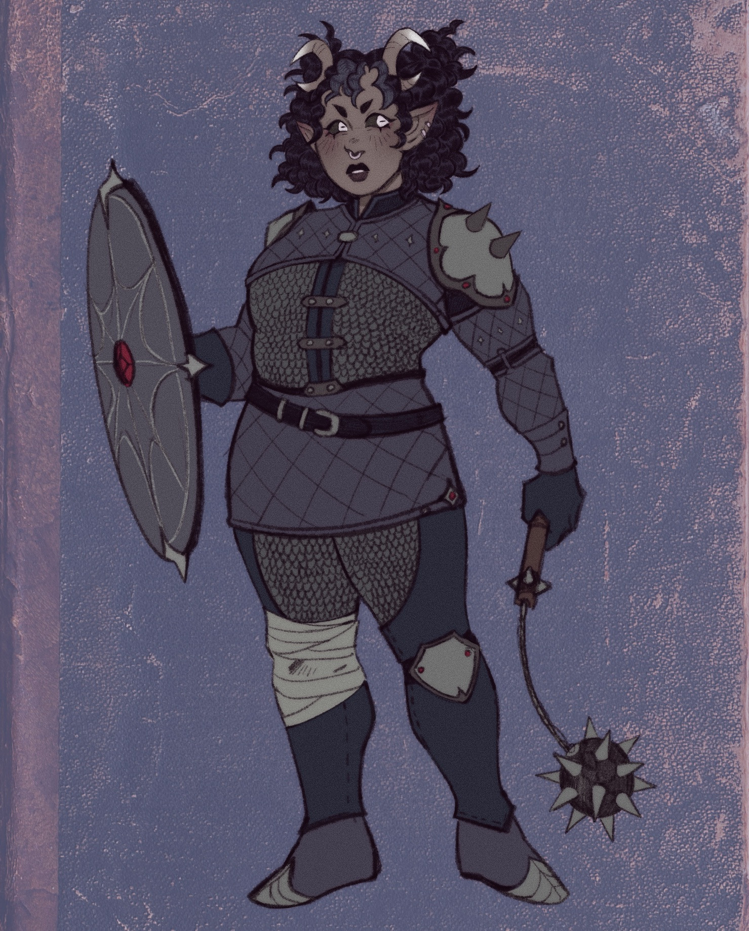 digital art of a grey skinned, dark haired tiefling cleric. She is wearing chainmail and padded armor, holding a shield and a flail