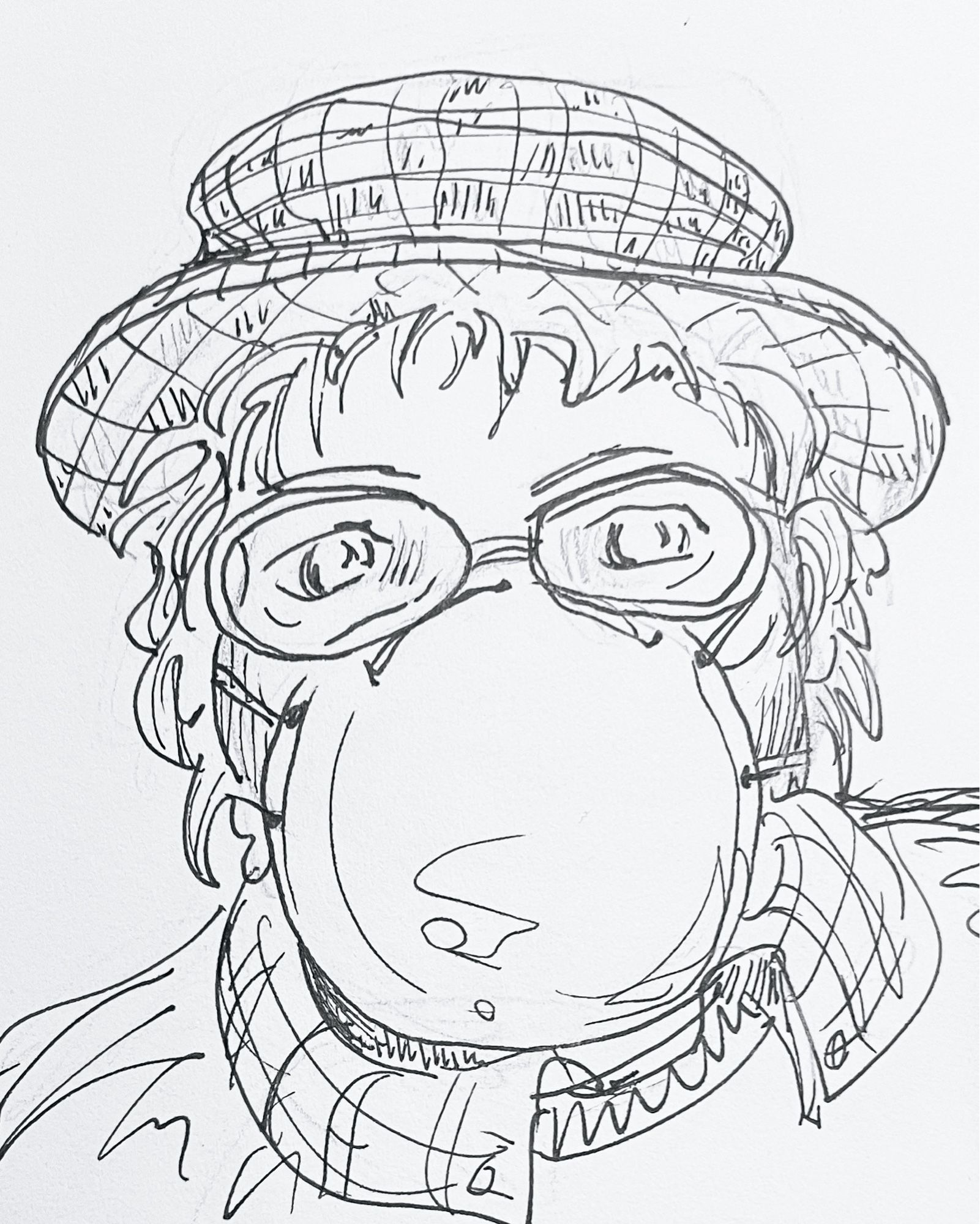 Drawing of a woman wearing an N95 mask. She has a plaid hat with a brim.