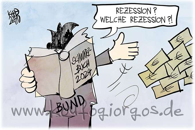 Karikatur: Der Bund liest im Schwarzbuch und swirft mit Banknoten um sich. Er sagt: Rezession? Welche Rezession?!