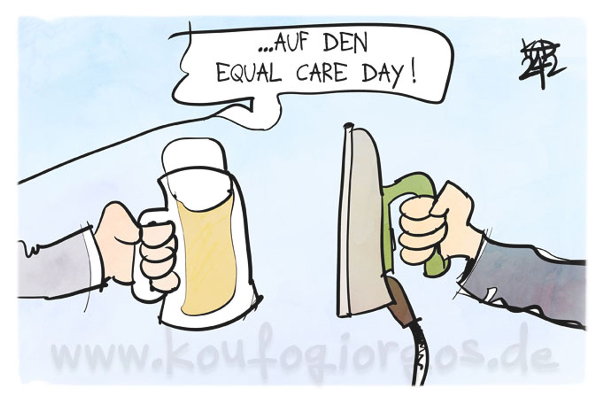 Karikatur: Ein Mann hebt sein Bierglas und sagt Auf den Equal care day! Die Frau stößt mit ihrem Bügeleisen an