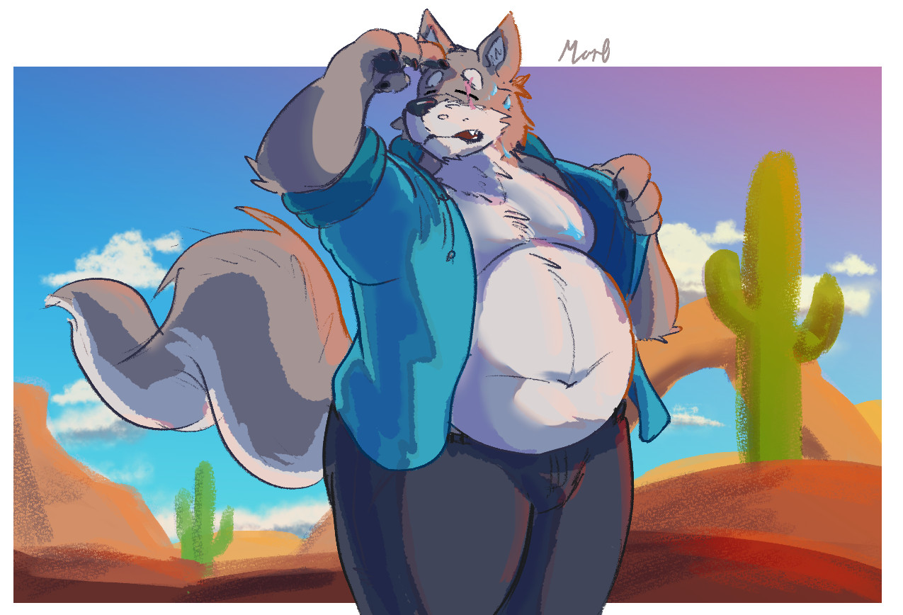 An anthro wolf sweating in the desert heat. 