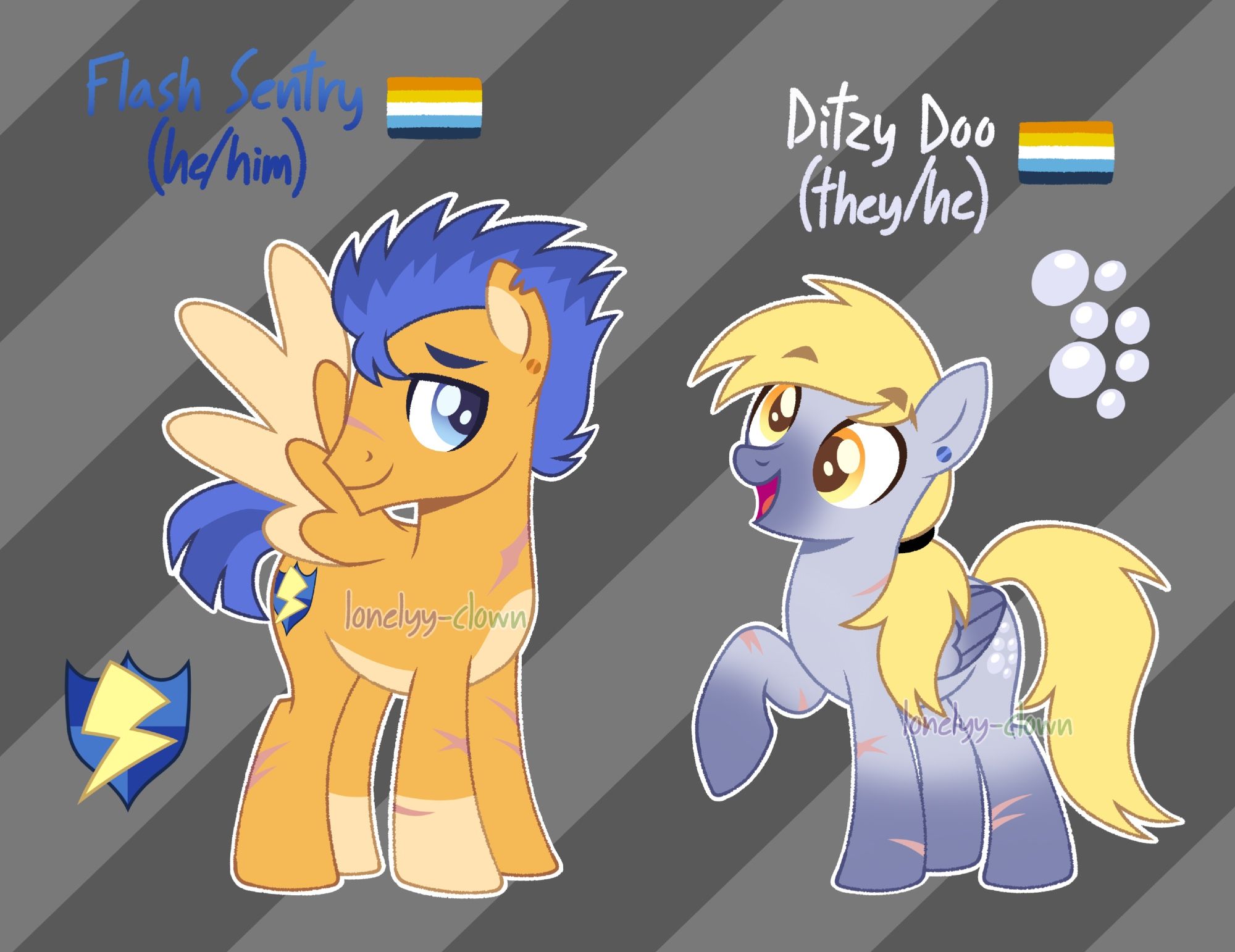 edits/rededsigns of mlp characters flash sentry and ditzy doo. the image iss arranged as a ref sheet, their names written above them along with their respective pronouns, he/him for flash and they/he for ditzy, there are aroace flags next to them, and their cutie marks besides the characters.