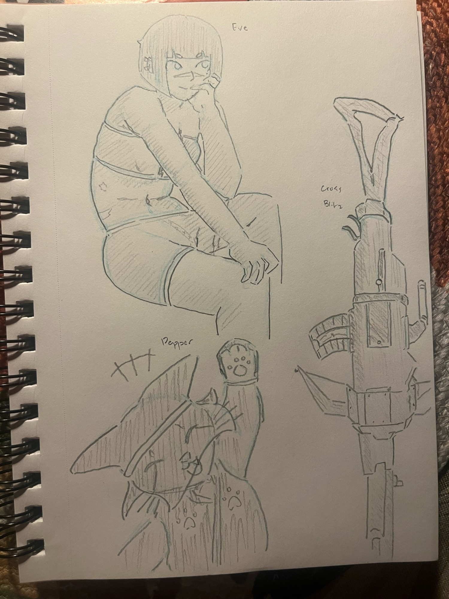 A traditional sketch of Eve and Pepper as well as a Light Bowgun, the Cross Blitz