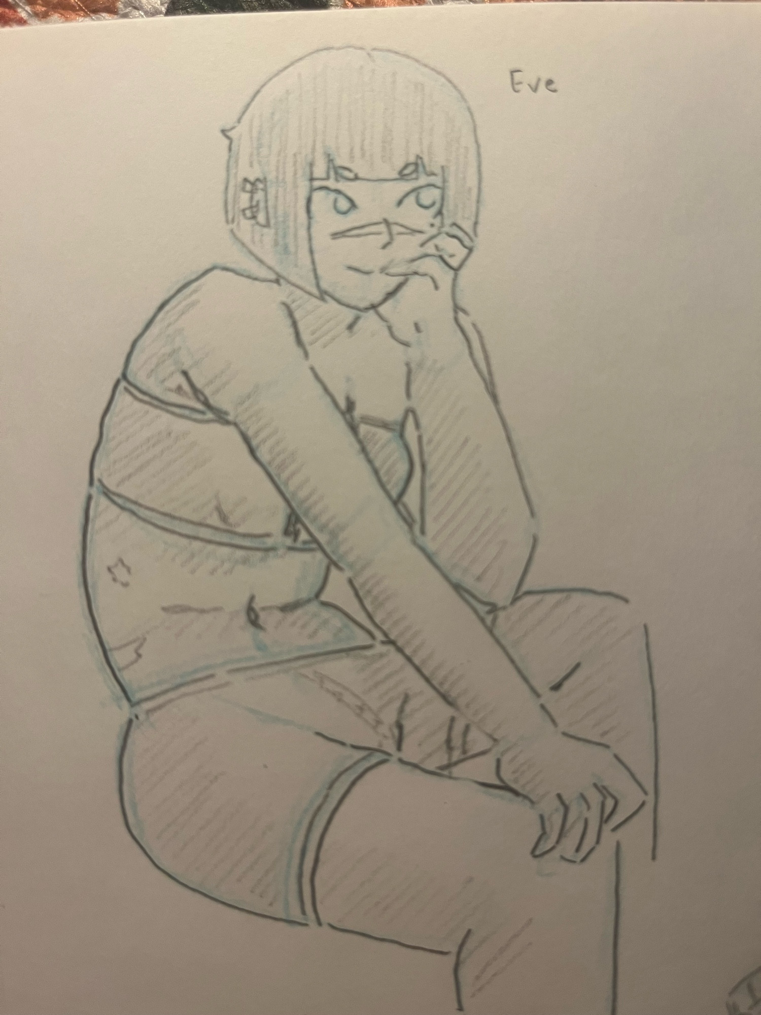 Closeup traditional drawing of Eve, this user’s Monster Hunter character, sitting down resting a hand on her cheek