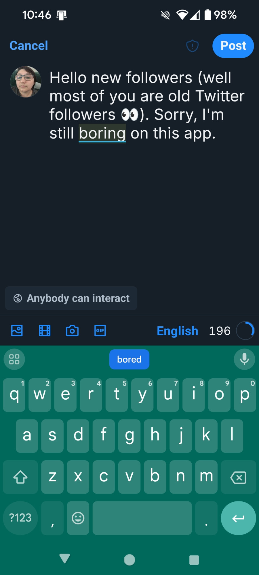 A skeet where autocorrect is trying to change "I'm boring" to "I'm bored"