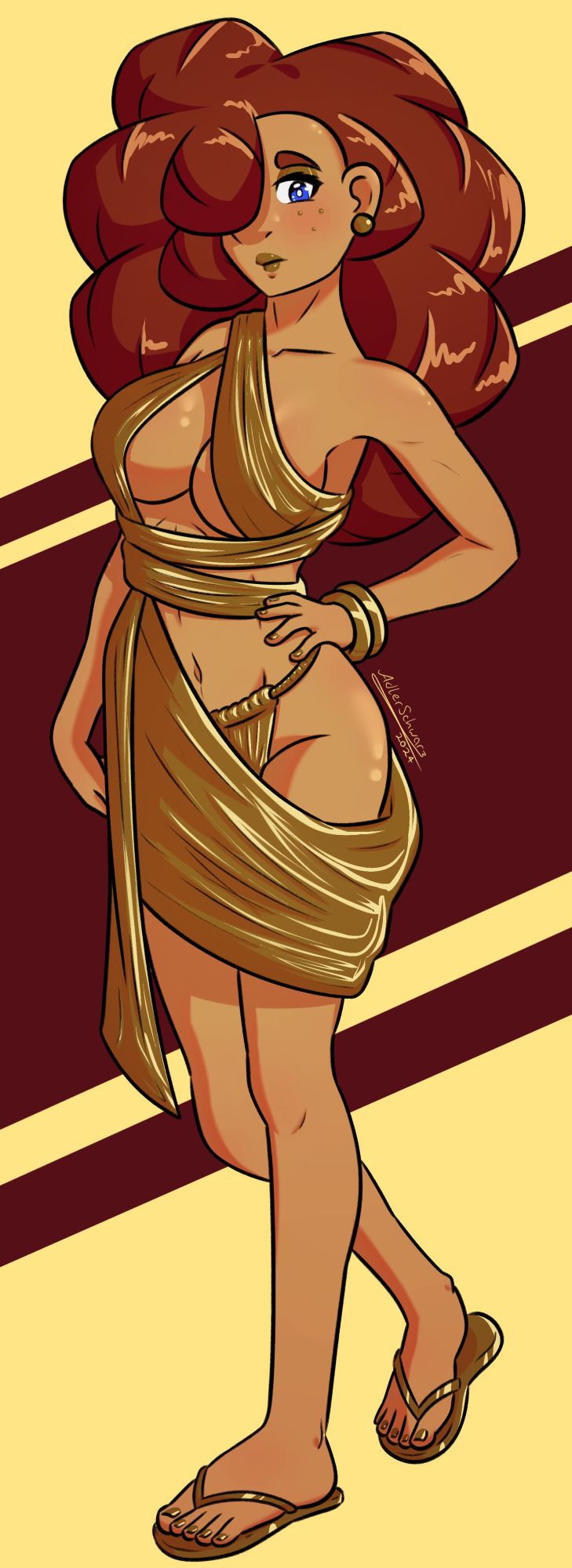 Marionne wearing a gold wrap dress