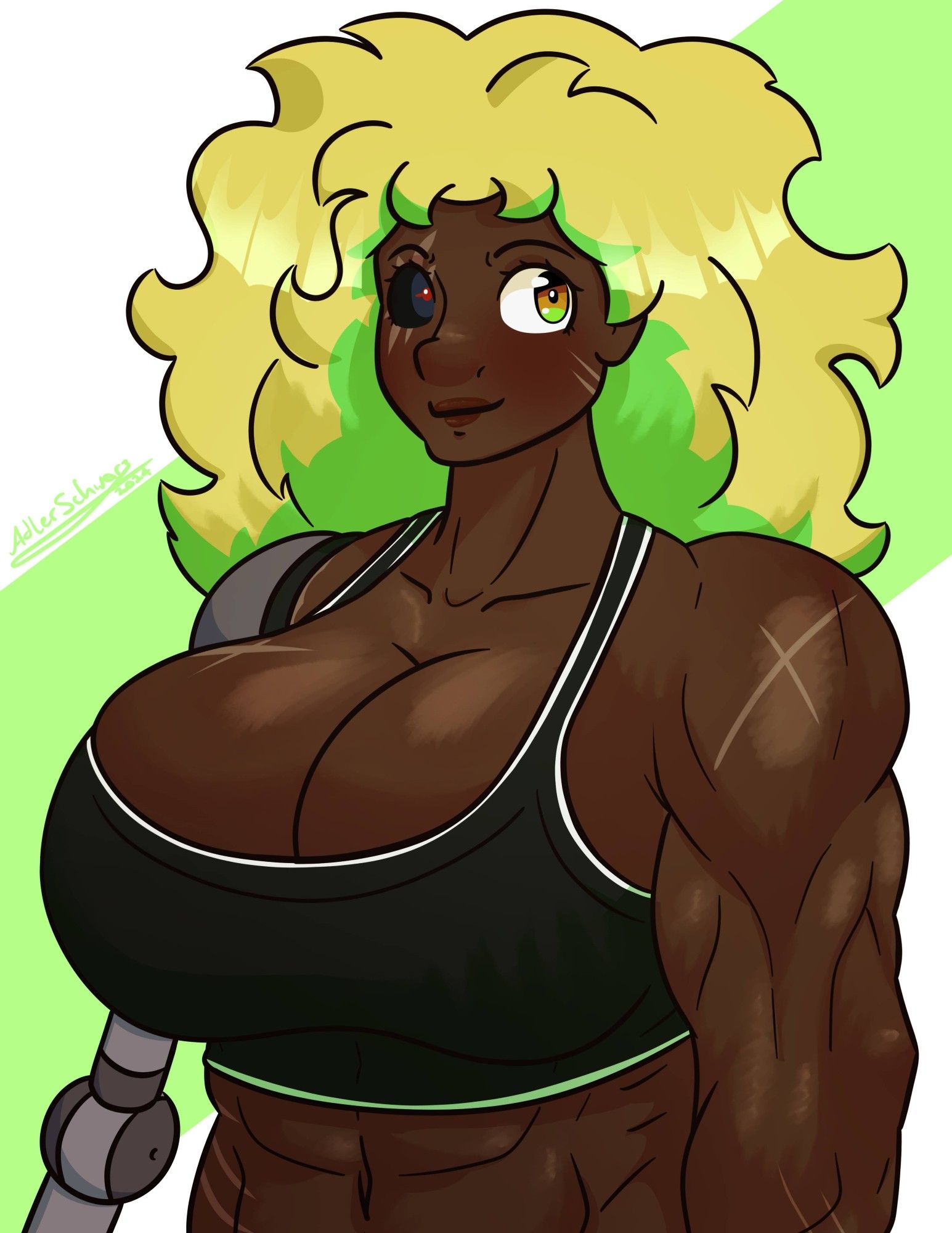 Tayan in a sports bra with mechanical eye and arm