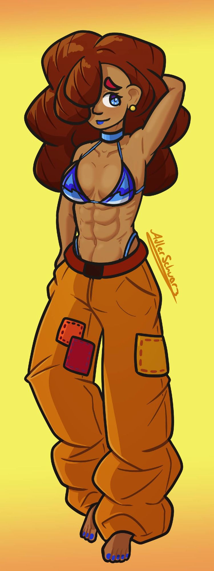 Marionne in her baggy pants and blue swim top