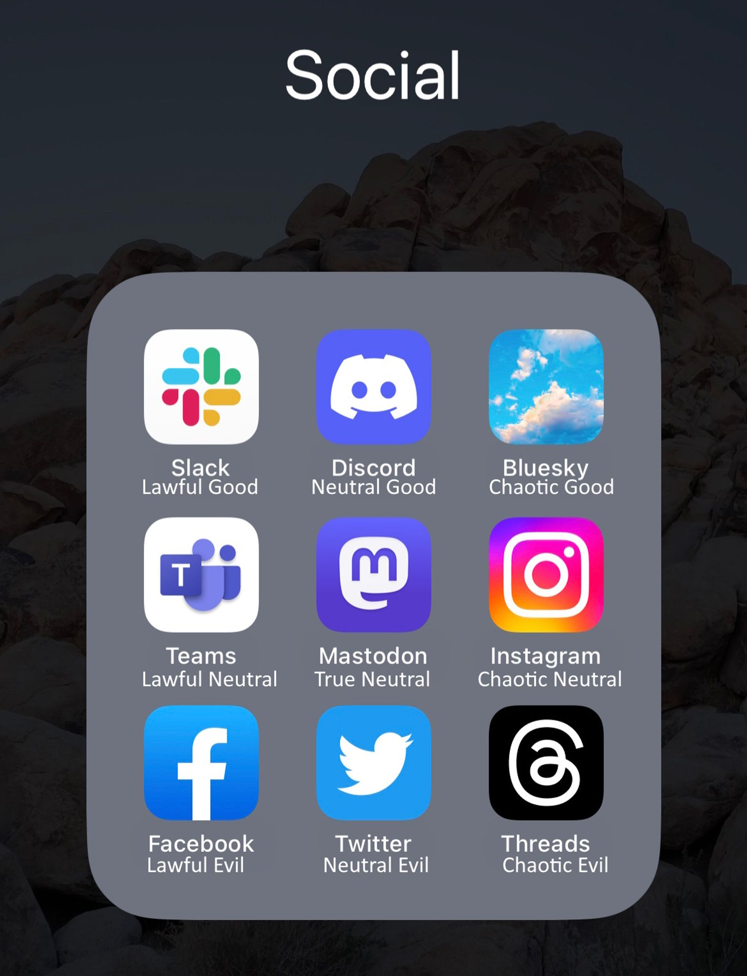 A screenshot of an iPhone app folder, showing 9 social media apps with alignment chart categories beneath their names.

- slack, lawful good
- discord, neutral good,
- Bluesky, chaotic good
- teams, lawful neutral
- mastodon, true neutral 
- instagram, chaotic neutral 
- Facebook, lawful evil
- twitter, neutral evil
- threads, chaotic evil