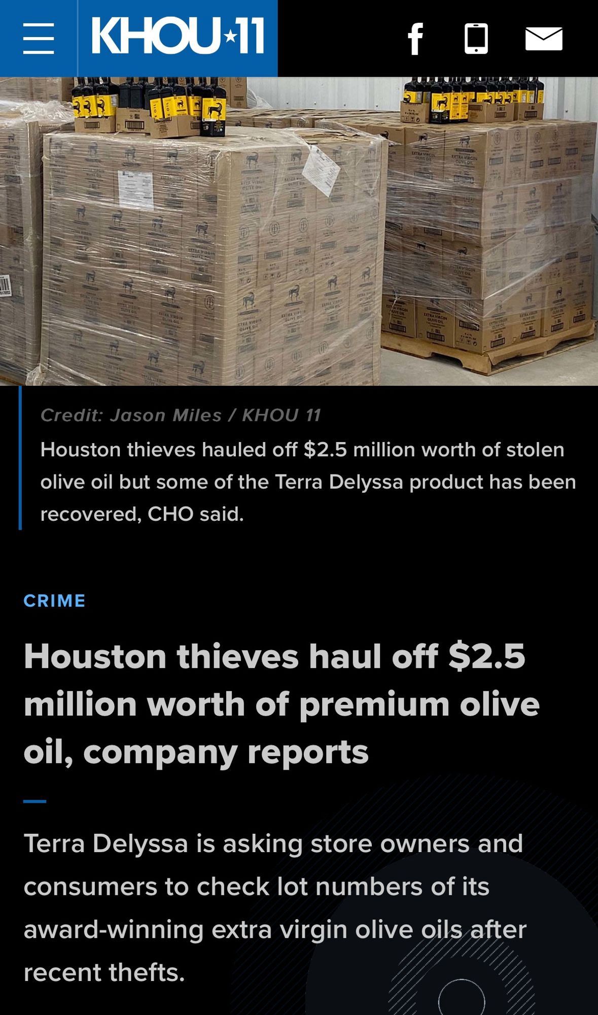 News story about the theft of $2.5 million of olive oil.