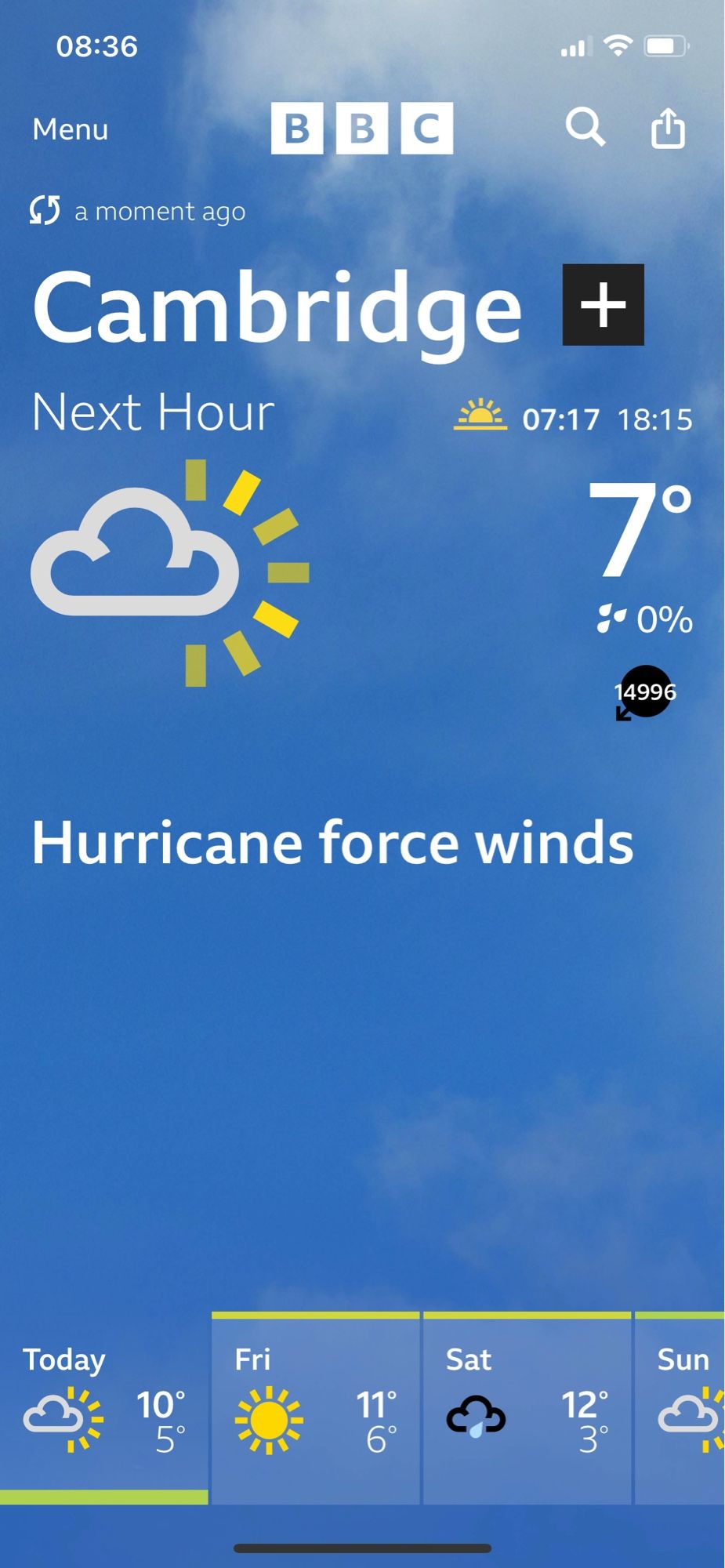 Screenshot of the BBC weather app showing wind of 15000 miles per hour.