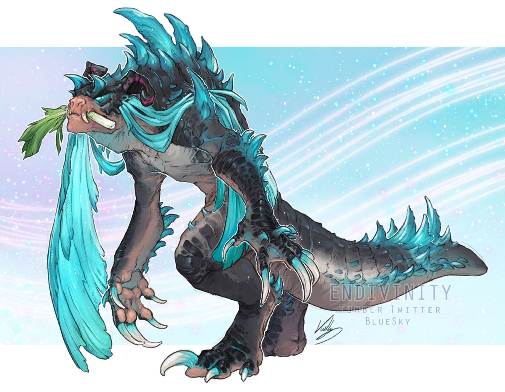 A digital illustration of a deathclaw with design aspects from Hatsune Miku. It is grey and black with intensely cyan details including forward-arching spikes and long draping frills, imitating Miku's hair. It has a leek in its mouth.