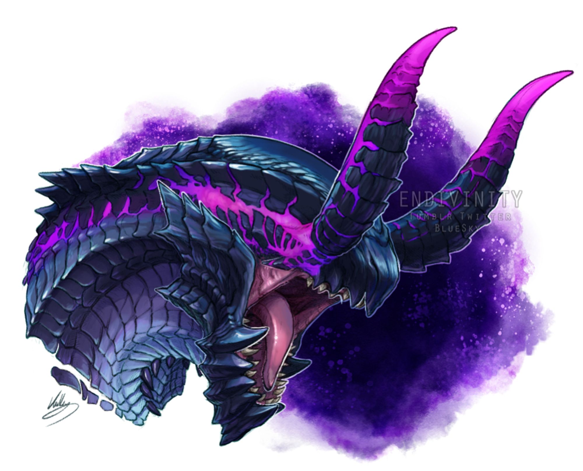 A portrait of Gore Magala from Monster Hunter, facing right. Its curved horns are up, with a streak of purple cutting through its otherwise scaled form. Its mouth is open in a roar. It is set over a deep purple watercolor smudge. #art