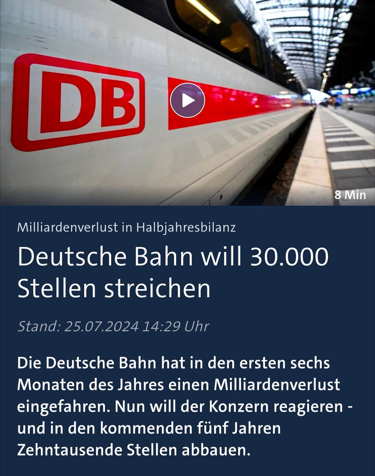 Milliardenverlust in Halbjahresbilanz
Deutsche Bahn will 30.000
Stellen streichen
Stand: 25.07.2024 14:29 Uhr
Die Deutsche Bahn hat in den ersten sechs Monaten des Jahres einen Milliardenverlust eingefahren. Nun will der Konzern reagieren - und in den kommenden fünf Jahren Zehntausende Stellen abbauen.