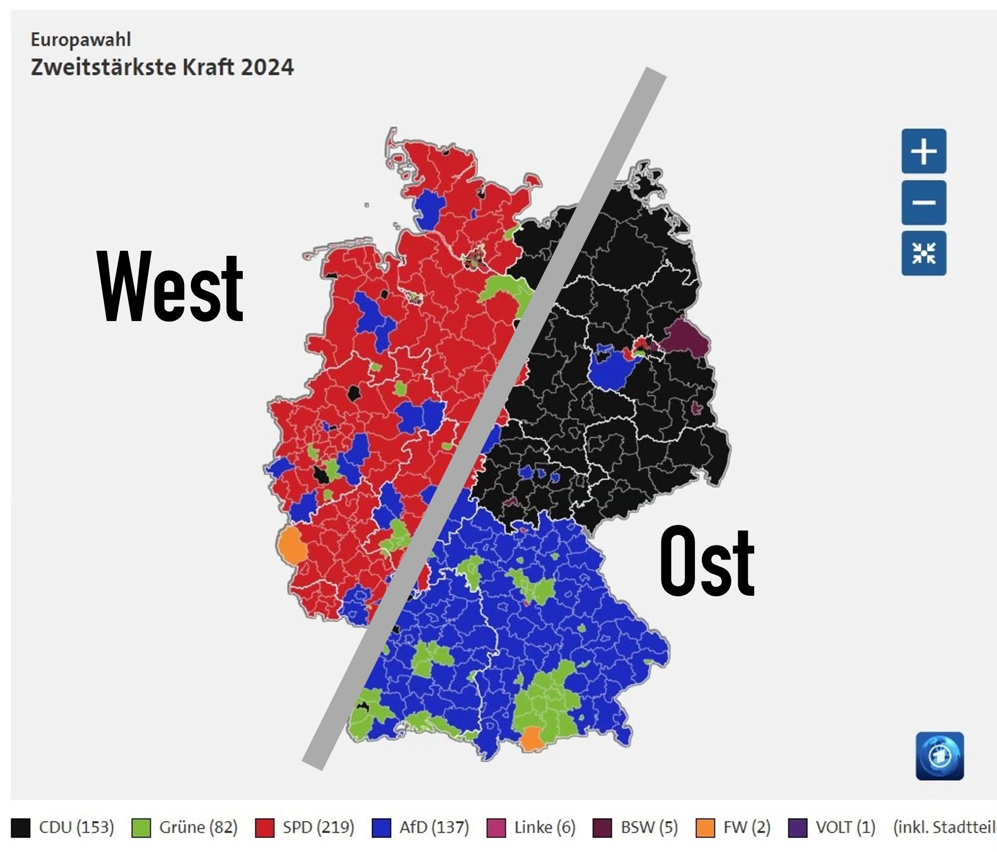 Karte Deutschland mit einer diagonal-senkrechten Linie zwischen „Ost“ und „West“ die Bundesländer Bayern und Baden-Württemberg zum Osten zählend.