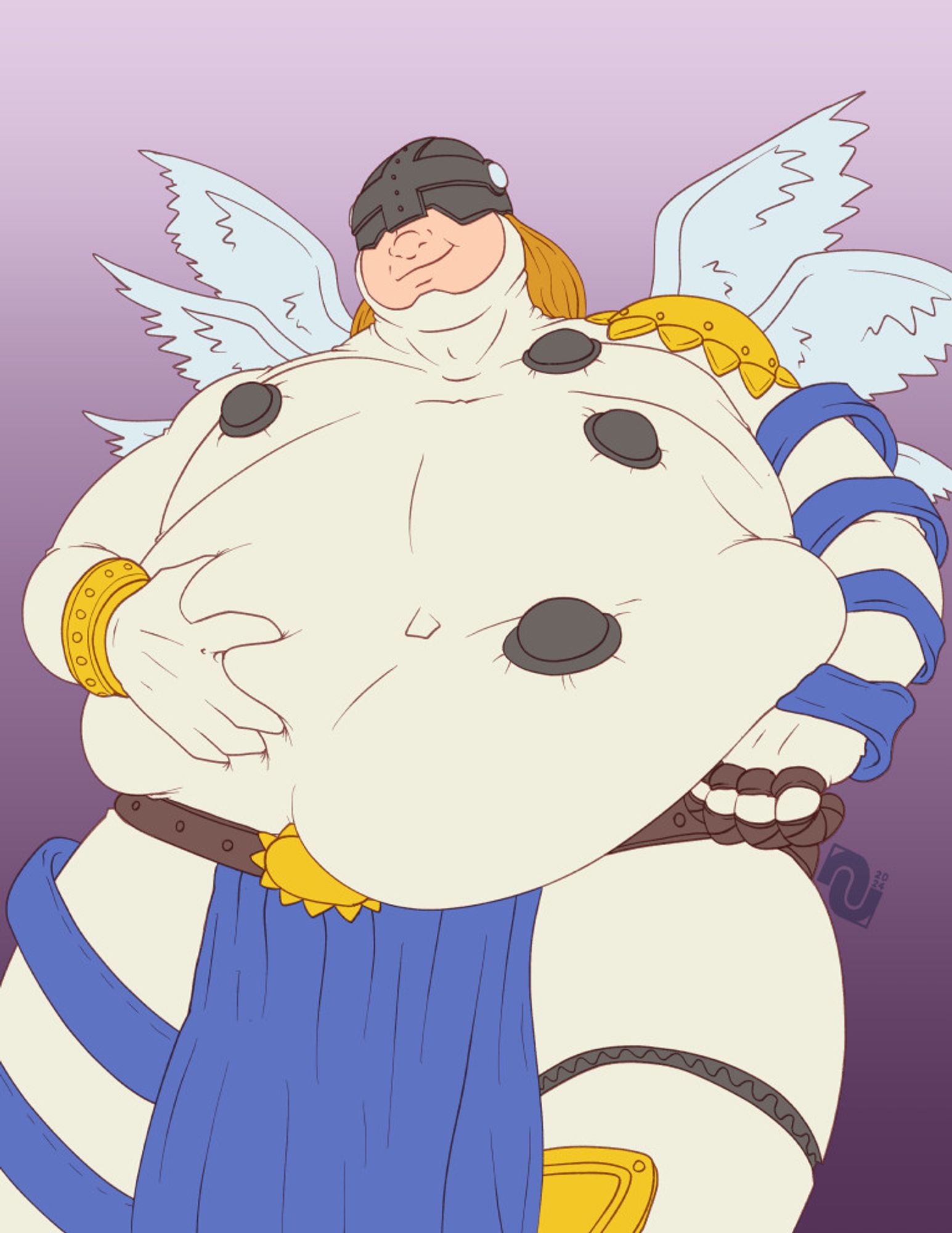 A fat Angemon playing with his large belly