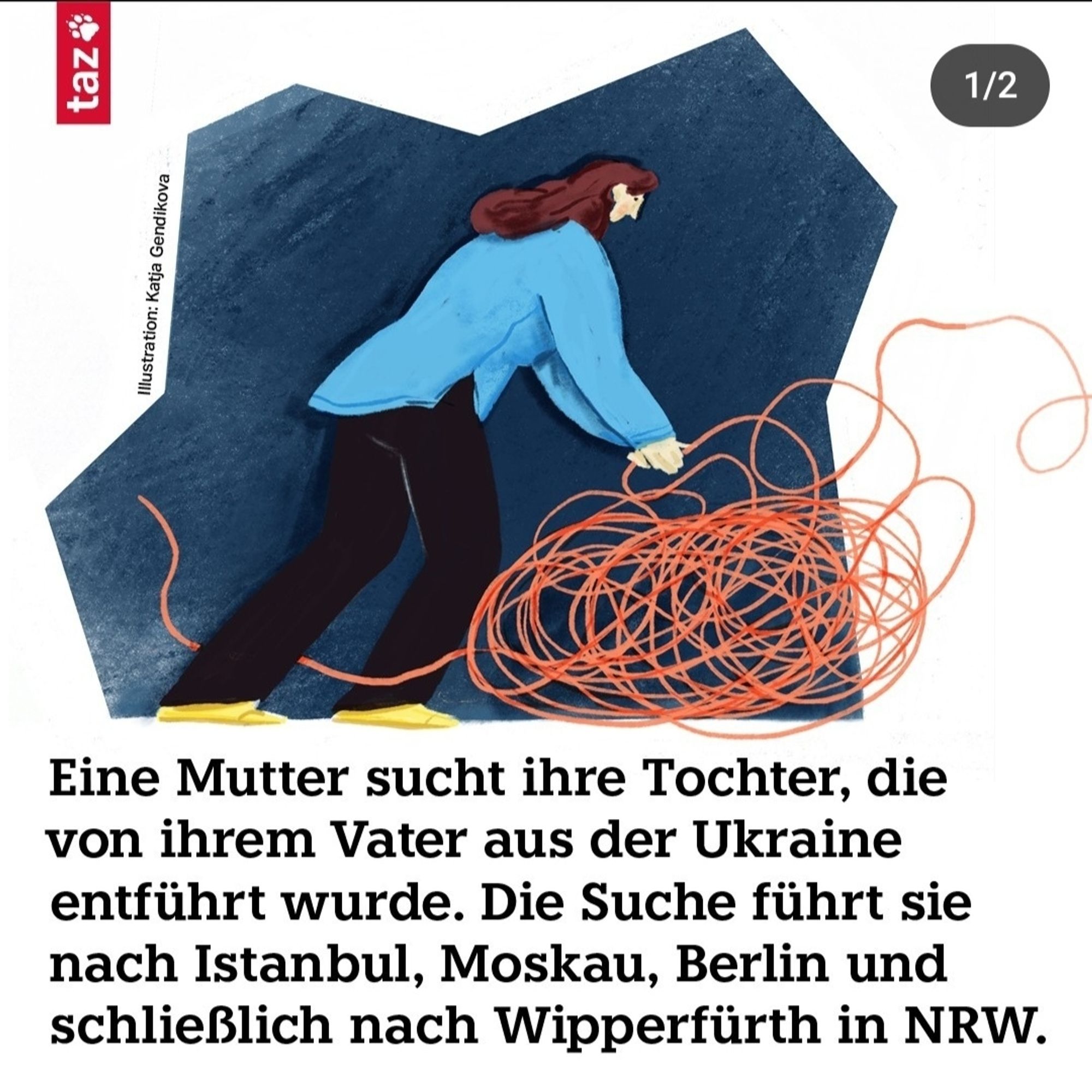 Das Bild zeigt die lllustration einer Frau, die versucht ein riesiges Knäuel aus orangenen Garn zu entwirren. Sie will herausfinden, wohin dieses Garn führt. Die Künstler:in, die die Illustration erstellt hat, heißt Katja Gendikova