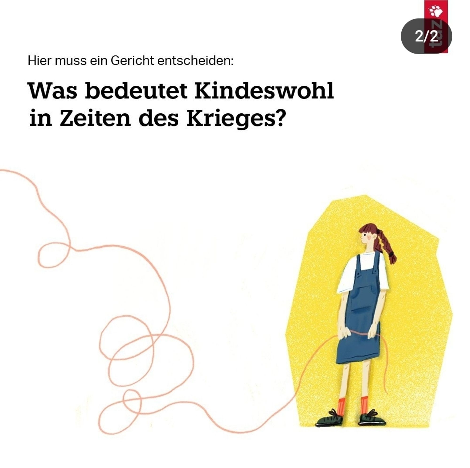 Die Illustration eines Kindes, das das Ende eines orangenen Fadens hält. Es ist der Faden, dessen Knäuel die Frau auf der ersten Illustration versucht, zu entwirren. Auch diese Illustration stammt von Katja Gendikova