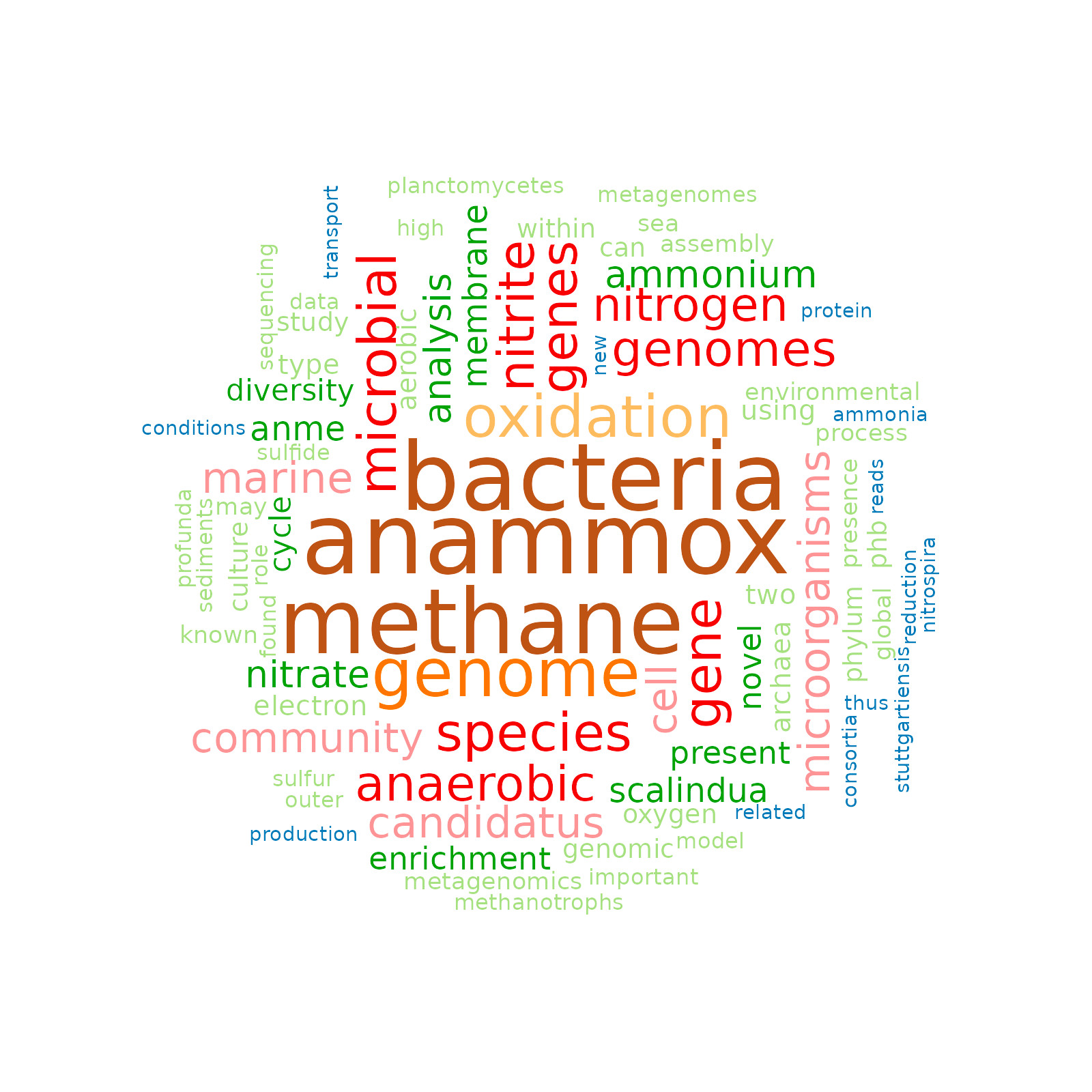 word cloud of pubmed abstracts with Daan Speth as a co-author. The words "bacteria", "anammox", and "methane" feature most prominently