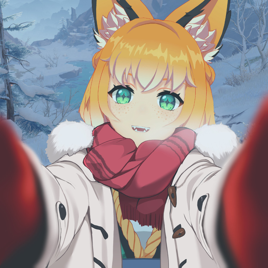 Kishiko (an orange haired fox girl) holds the camera with gloved hands. She's outside in the snow of Dragonspine, dressed in a warm coat and scarf. The camera perspective is assumed to be Velle Njord's POV.