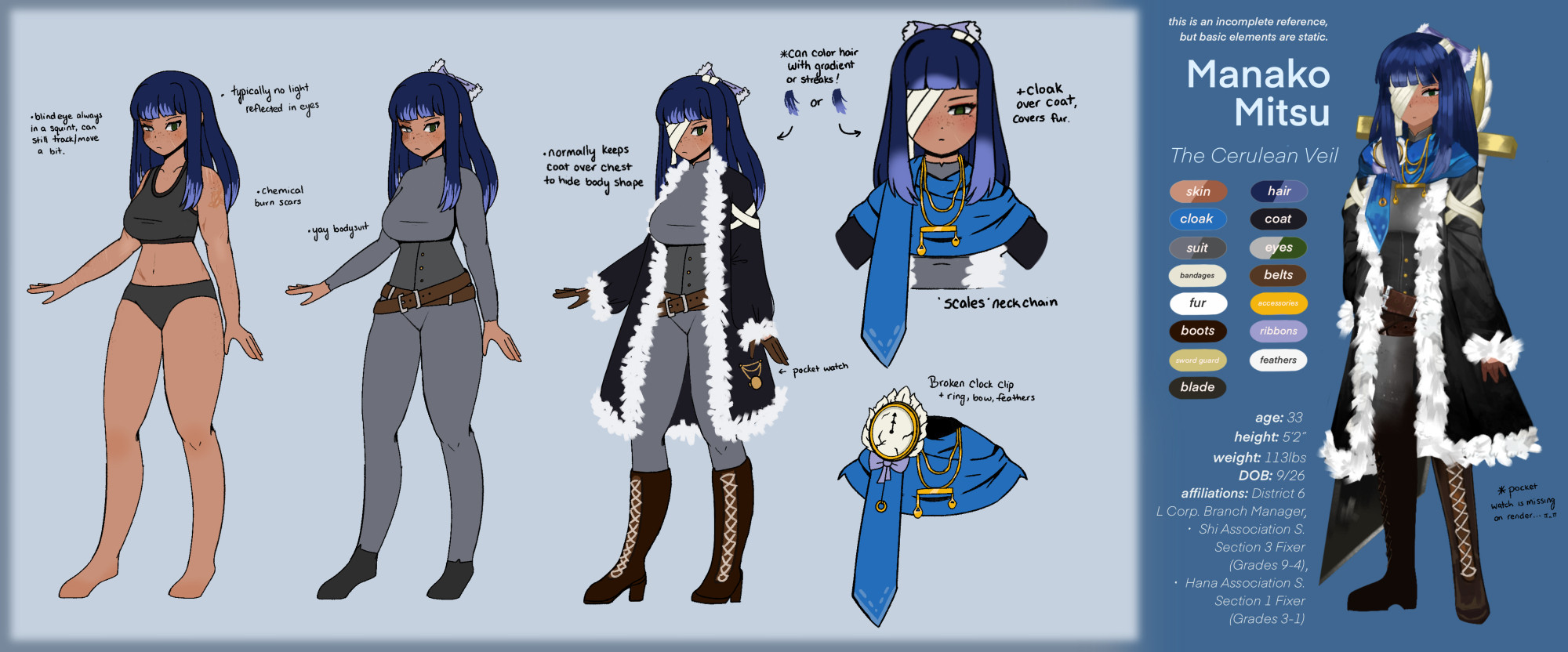 A reference sheet spread of Manako Mitsu, otherwise known as the Cerulean Veil. She's a Project Moon fan-character known as a Color Fixer. The spread shows her skin & where her scars are, her bodysuit in the middle, and finally her big fluffy overcoat. The cerulean shawl she wears is what announces her title. She wears bandages over her eyes to cover a scar that blinded her. Her statistics are as follows: 
Age: 33. Height: 5'2". Weight: 113lbs. DOB: 9/26. Affiliations: District 6 L Corp. Branch Manager, Shi Association S. Section 3 Fixer (Grades 9-4), Hana Association S. Section 1 Fixer (Grades 3-1). Other notes read, "blind eye always in a squint, can still track/move a bit." "typically no light reflected in eyes," "chemical burn scars," "yay bodysuit," "normally keeps coat over chest to hide body shape," "can color hair with gradient or streaks," "pocket watch," "cloak over coat, covers fur," "scales neckchain," "broken clock clip + ring, bow, and feathers," and "this is an incomplete reference, but basic elements are static." 