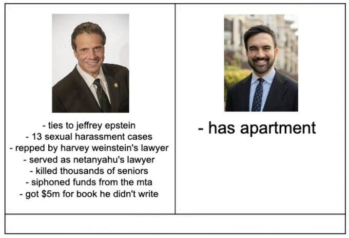 Graphic showing characteristics of Cuomo vs Mamdani.

Under Cuomo's photo: ties to Jeffrey Epstein, 13 sexual haeassment cases, repped by Harvey Weinstein's lawyer, served as Netanyahu's lawyer, killed thousands of seniors, siphoned funds from the MTA, and got $5 million for book he didn't write.

Under Mamdani's photo: has apartment.
