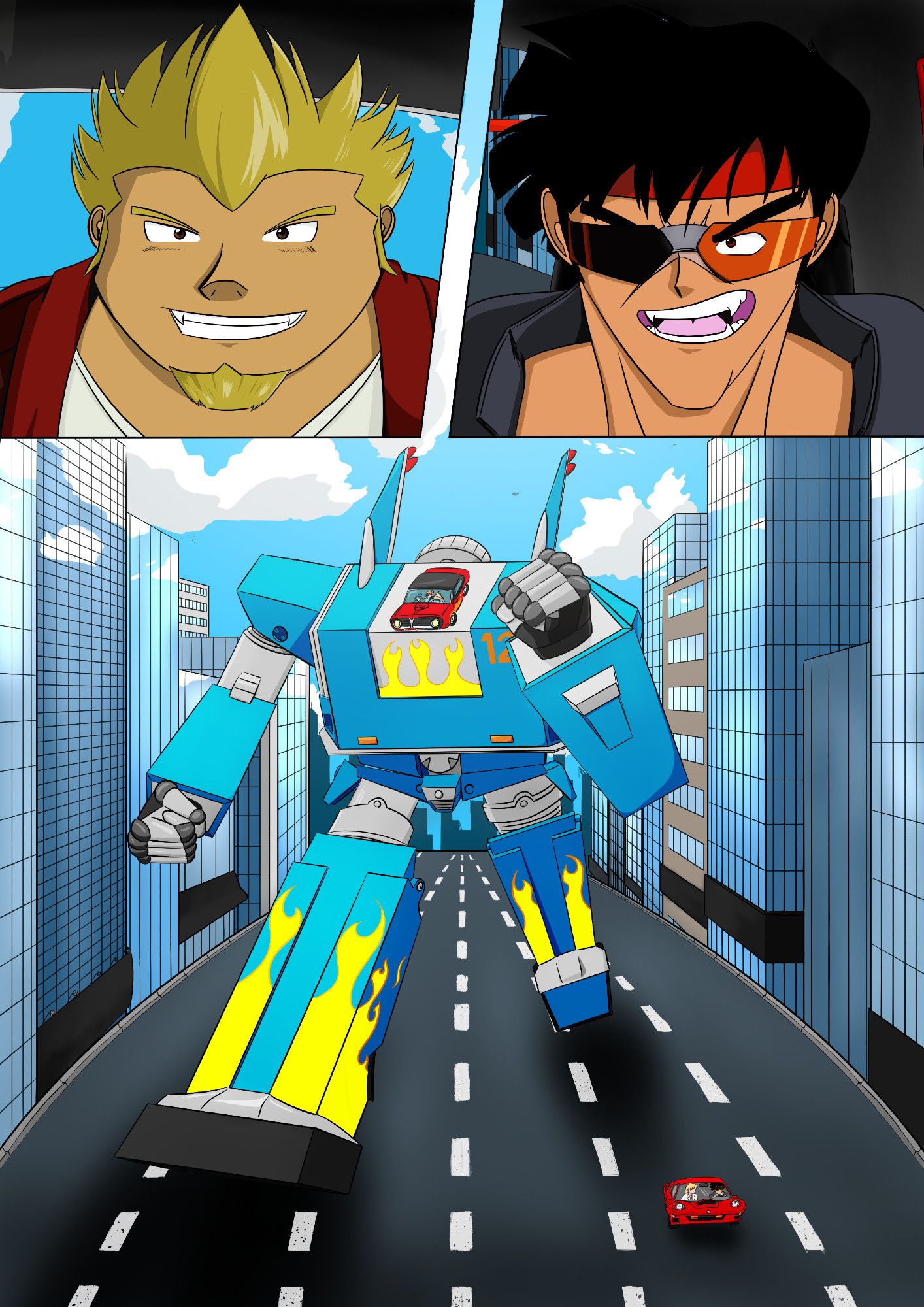 Coop (クープ。Megas XLR）とBean Bandit (ビーンバンディット。Riding Bean, Gunsmith Cats) がどこかの市の中に自分でカストマイズしたスーパー車でレースしている。