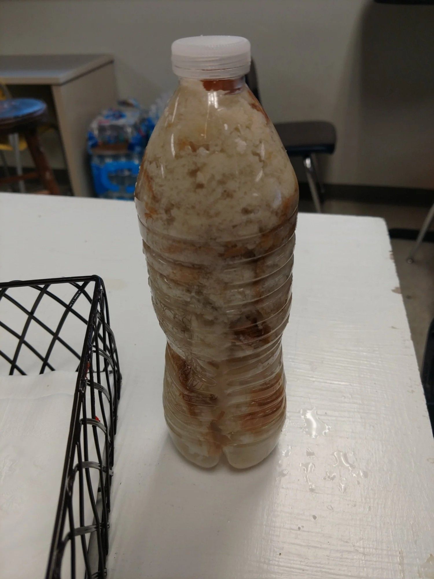 A torn-up bagel stuffed inside of a disposable plastic water bottle. The intended method of consumption is by inserting a stick into the mouth of the bottle, freezing it, peeling off the plastic, and eating it like a popsicle.