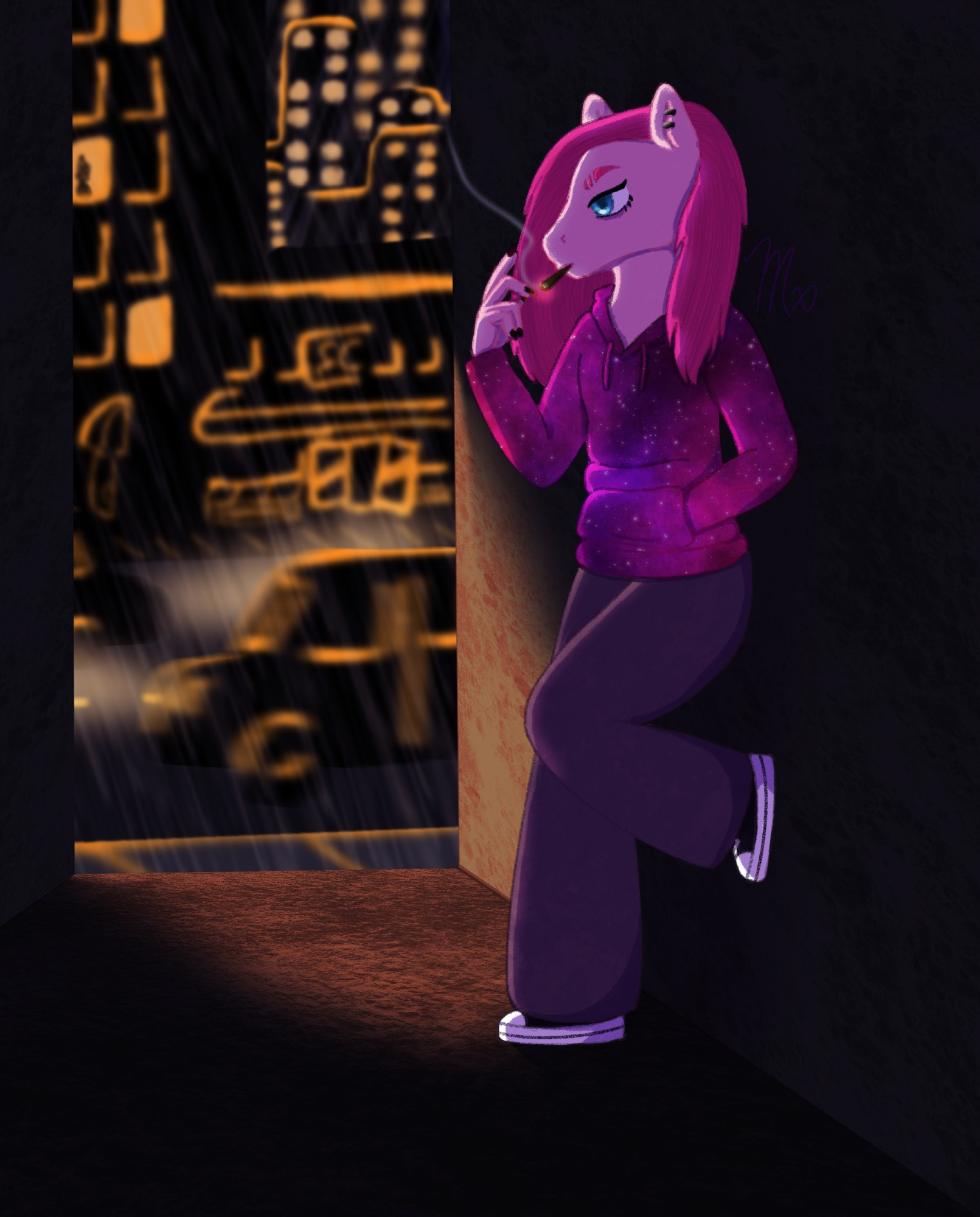 A partially humanoid drawing of Pinkamena Diane Pie (Pinkie Pie) smoking in an alley