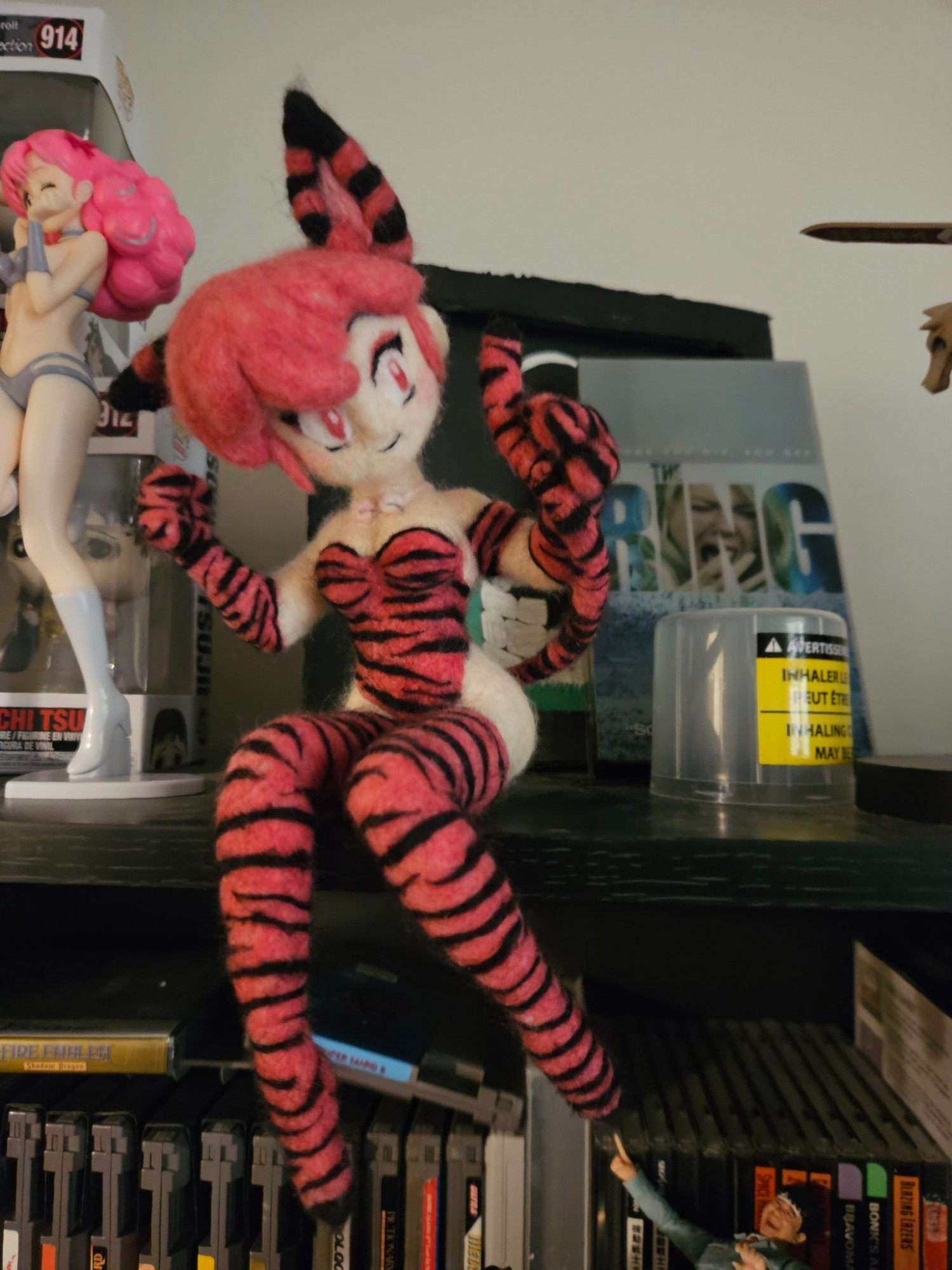 Needle felt sculpture of girl Ranma from Ranma 1/2 in a tiger print leotard