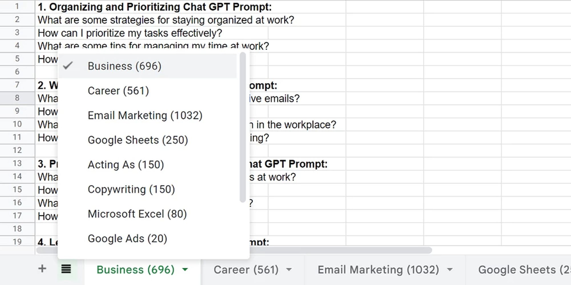 :tada: Guess what? I’ve done the hard work for you and collected over 3,456 ChatGPT prompts! That’s right, you can say goodbye to writer’s block and boring conversations! :raised_hands:
:books: It wasn’t easy, but I had a blast putting together this massive collection. Now, I’m excited to share it with you! You’ll never run out of topics to write or chat about again. :speech_balloon:

:moneybag: And the best part? I’m not charging a penny! That’s right, you get all of these amazing prompts for FREE! So, what are you waiting for? Download them now and let the creative ideas flow! :star2:

:tada: Boom! I did it! I created an Excel file with 11 sheets filled with 3,456 ChatGPT prompts! :raised_hands:

Business (696)

Career (561)

Email Marketing (1032)

Google Sheets (250)

Acting As (150)

Copywriting (150)

Microsoft Excel (80)

Google Ads (20)

Learn English (56)

Shadow Work for Signs (48)