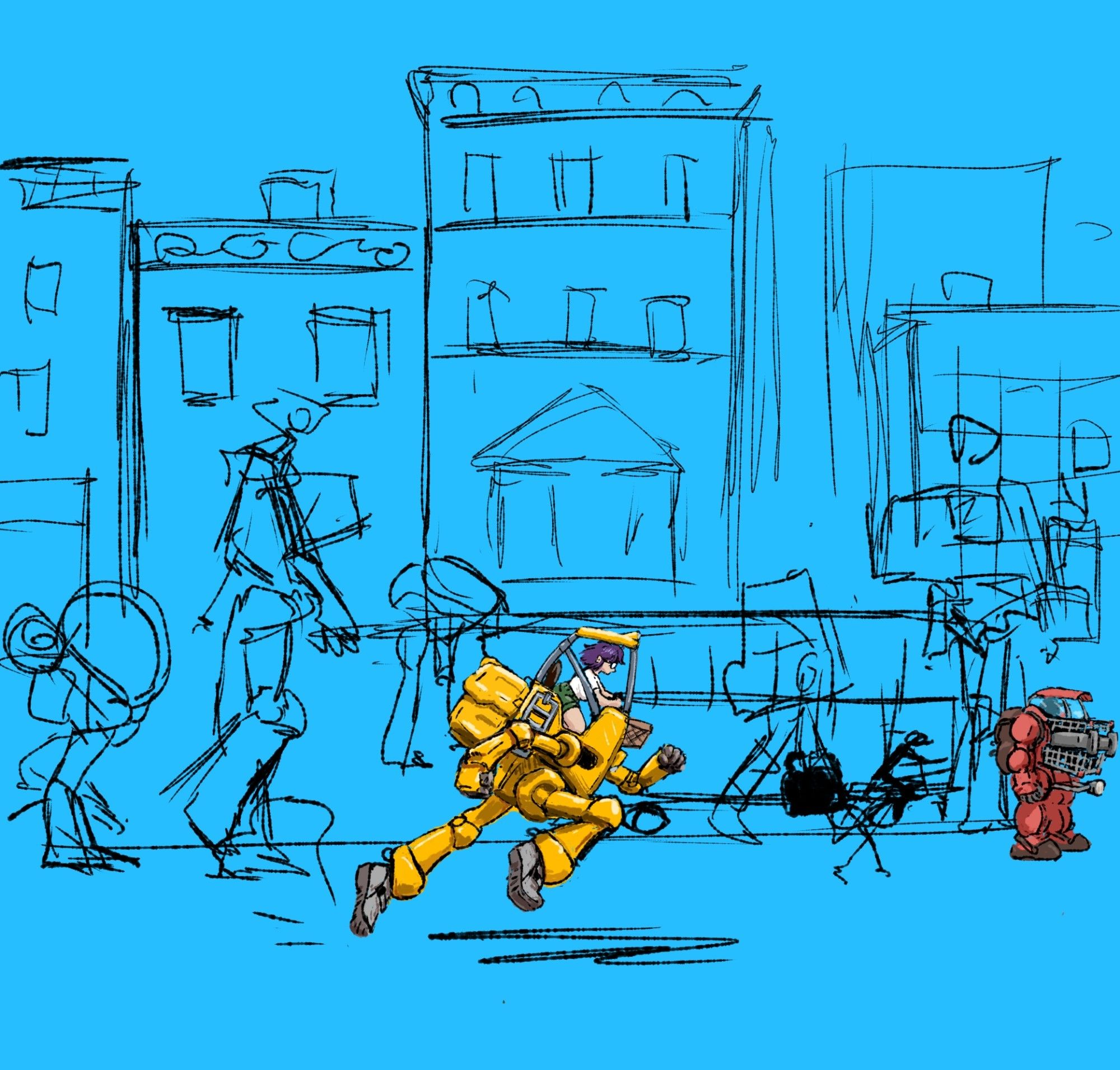 The WIP digital drawing of morning rush hour of mechs walking down a city street. The central running mech is colored yellow. The custom grocery mech is colored red. Everything else is a loose sketch, but the background is sky blue.