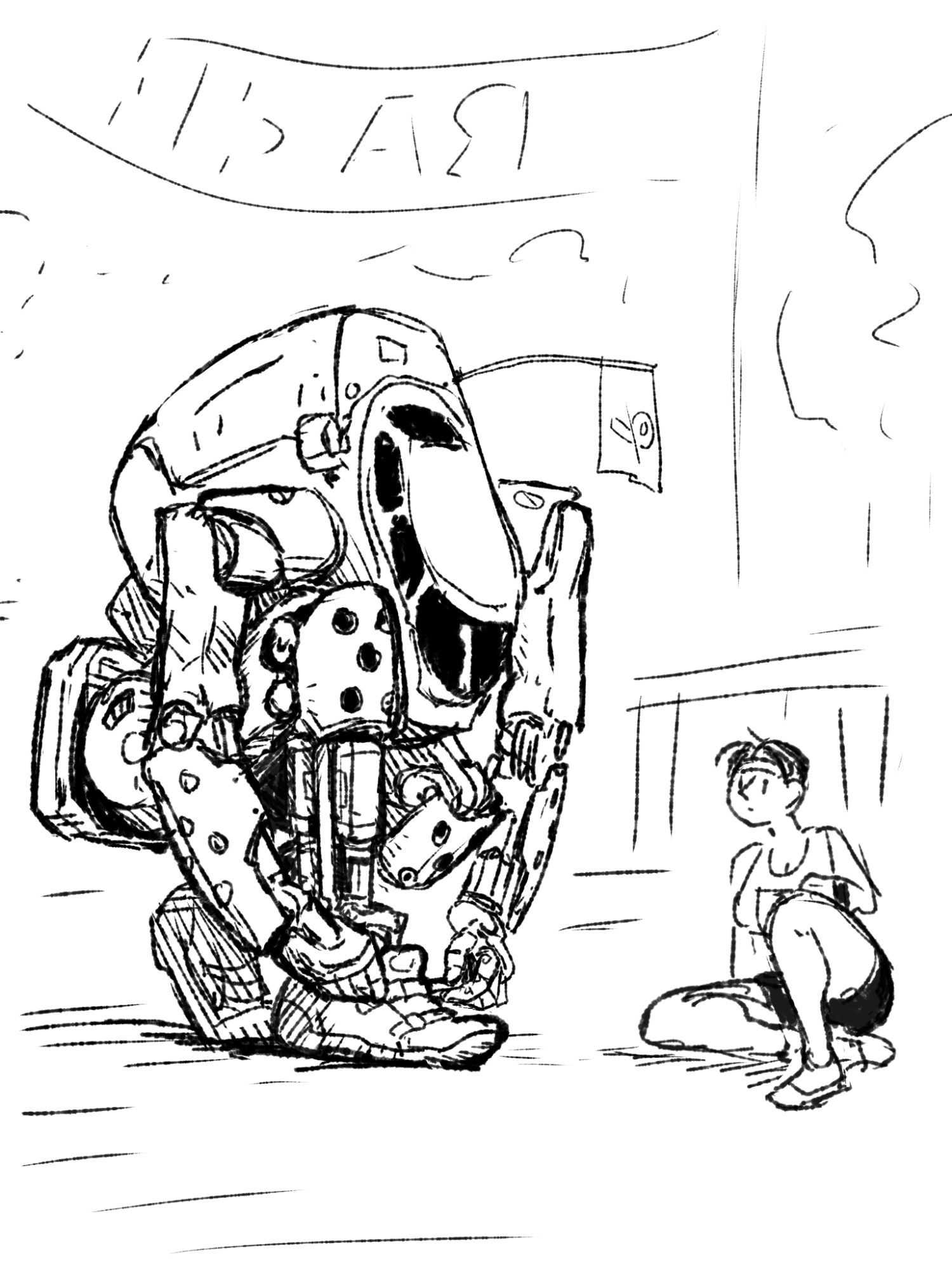 Mech tying its shoes at the start of a race while a woman in racing clothes watches it. Digital sketch.