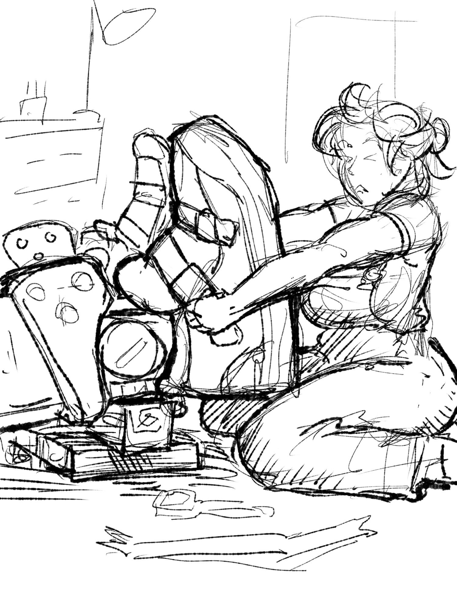 The drawing. The woman is sitting on the floor. The she's tugging on a shoe worn by a mech that's mostly out of frame. The shoe is bigger than her torso.