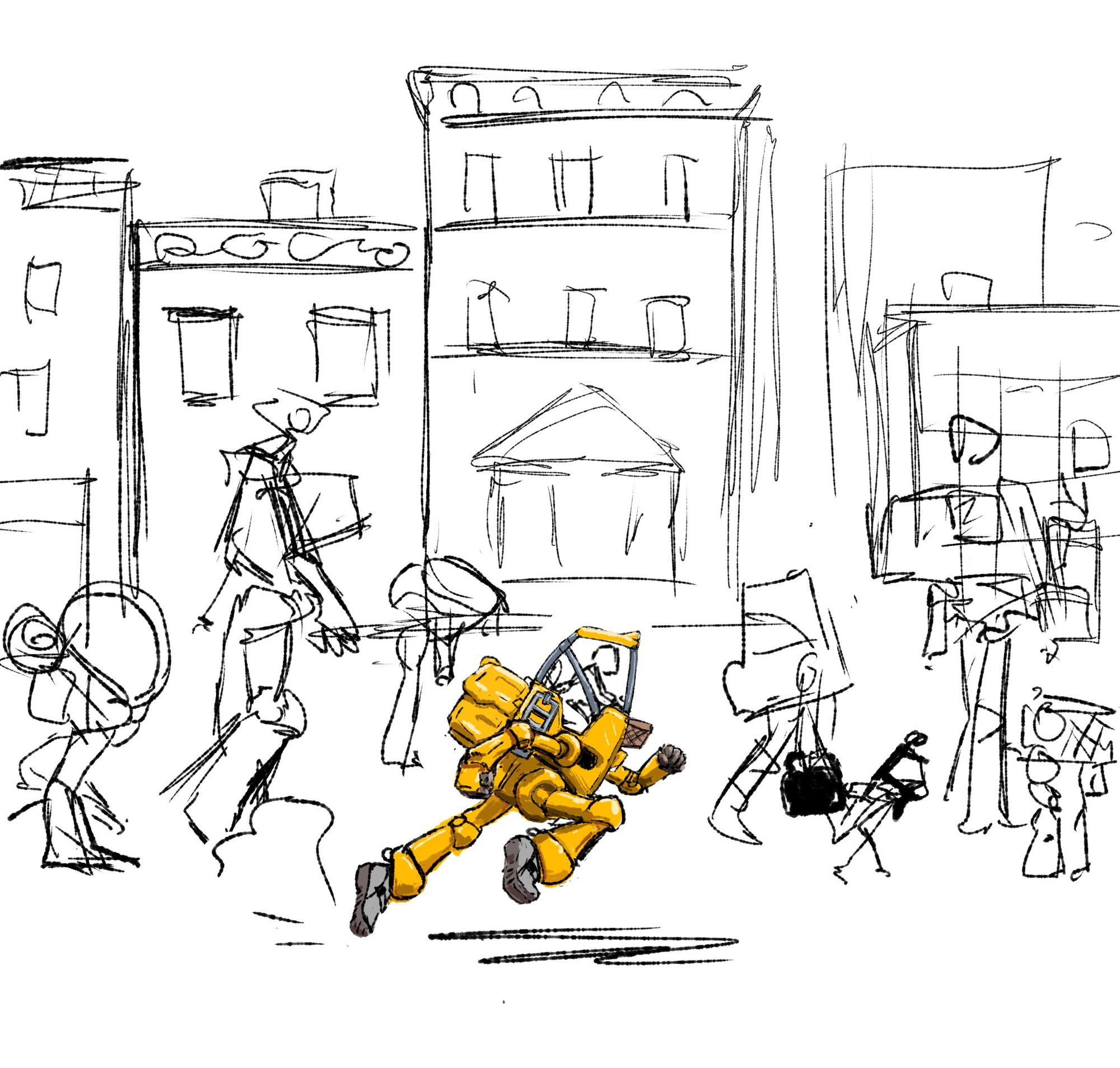 Rough sketch of a bunch of small mecha walking down a city street. One yellow mech is running flat out. Only the yellow one is even partly colored in.