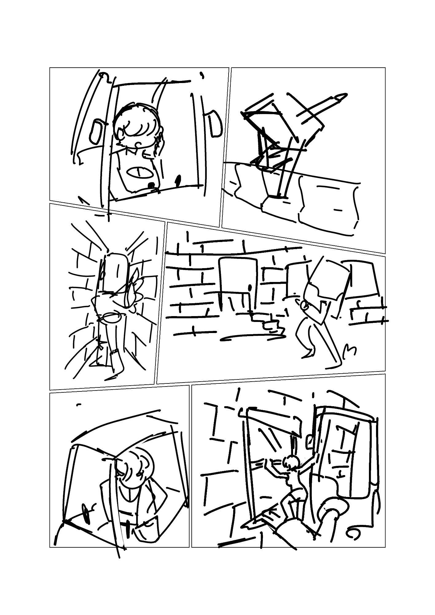 Very sketchy comic page about a woman in a small civilian mech getting a phone call, rushing home, realizing she doesn't have her keys, and using her mech to lift her up to get in through a window.