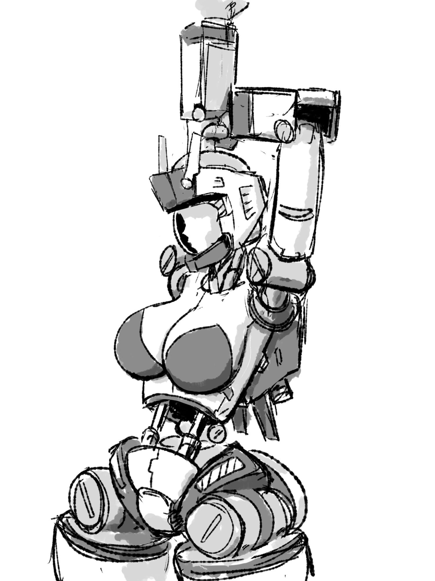 Big tiddy thick thighs mecha girl. Mostly mechanical, with artificial-skin boobs and a human girl face barely visible behind her visor.