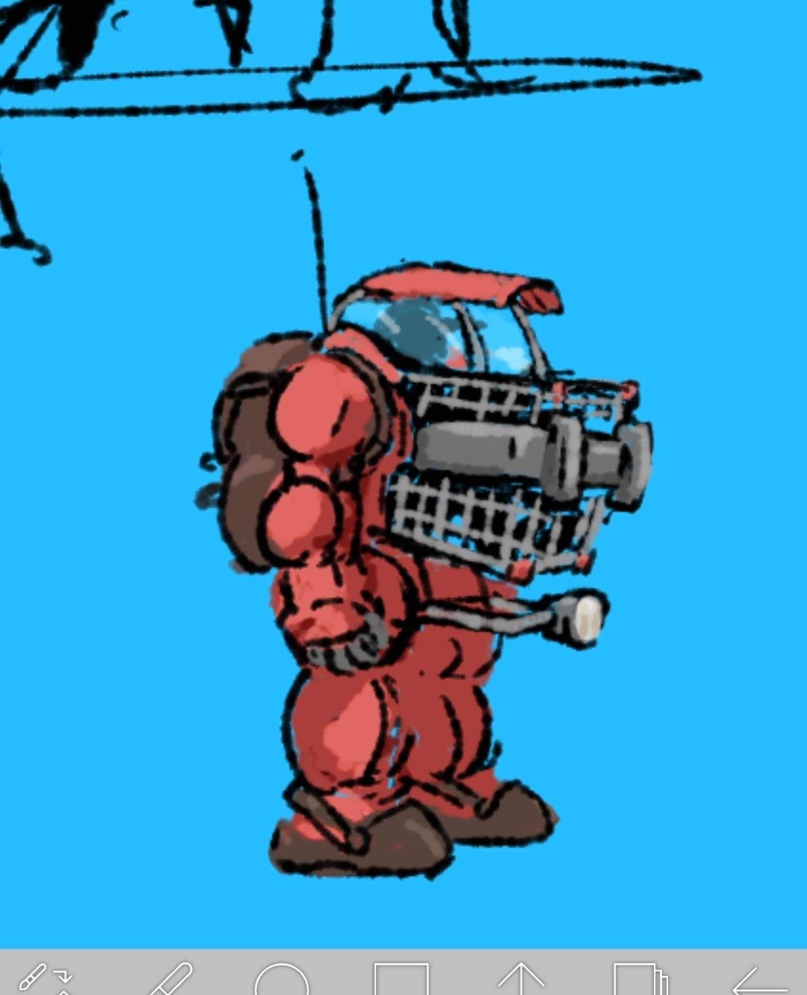 Close up of the grocery cart mech. It's red, with stumpy arms and legs. The torso is like a regular grocery cart basket but there's a guy sitting in it. The mech has also got a backpack, crocs, and a dome over the driver's head. Digital sketch.