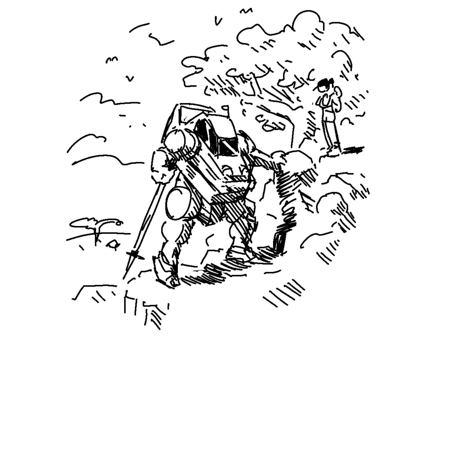 A boxy mech hiking up a mountain. It has a walking stick in one hand, and is bracing itself against a boulder with the other. A girl standing a little higher up is looking down watching the mech. Digital black and white sketch.