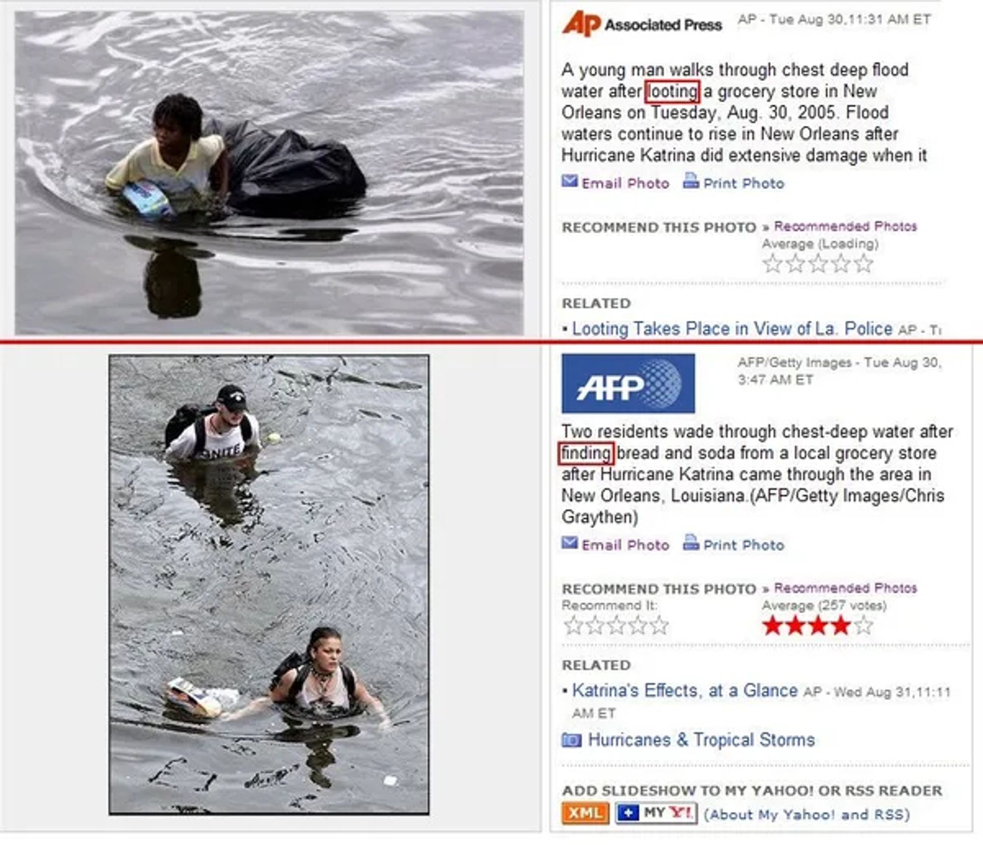 Two photos of survivors of hurricane Katrina struggling through flood waters with life-saving supplies but with very different captions, one with "finding" the other with "looting".