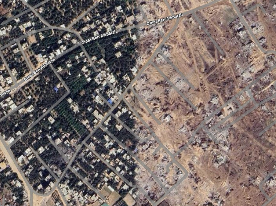 Left side, older google map of suburban area of central Gaza, on the right, later erasure of the terrain.