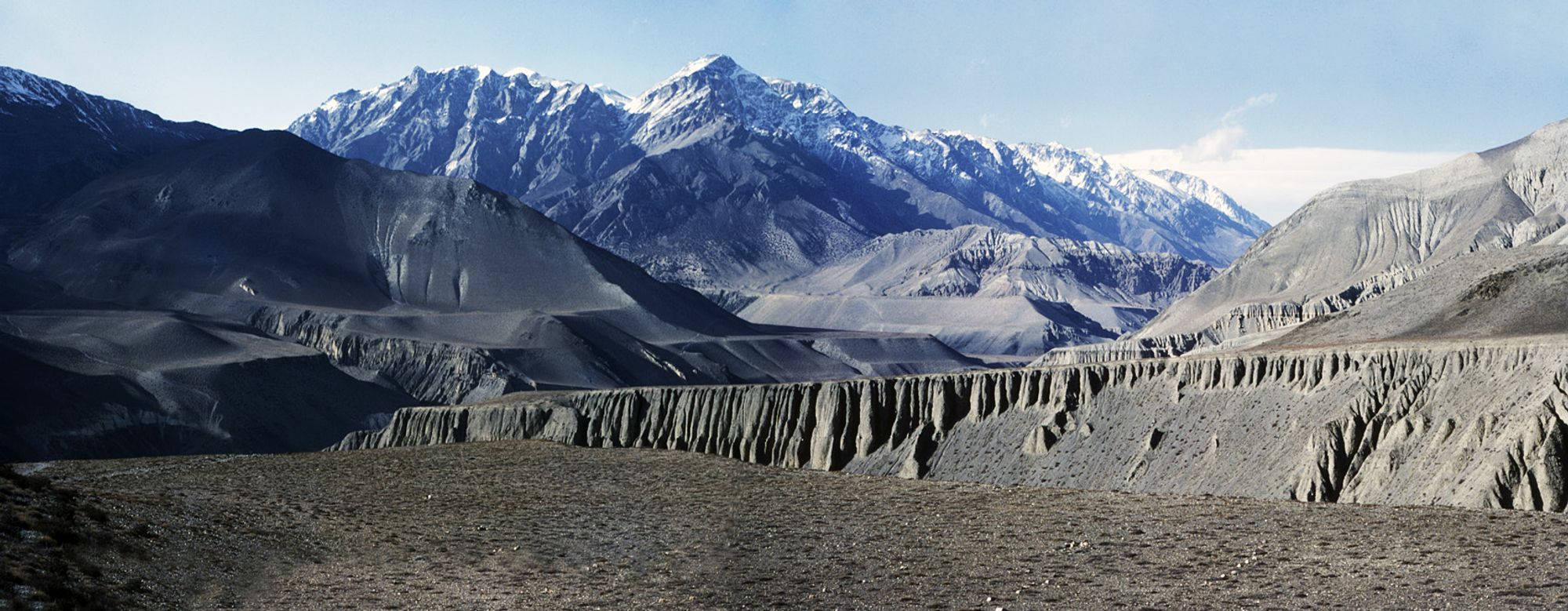 Two merged 35mm slides showing the landscape just above the village of Kagbeni in the Kali Gandaki valley some 50 miles from the Tibetan border, Mustang District, Nepal, 1983.