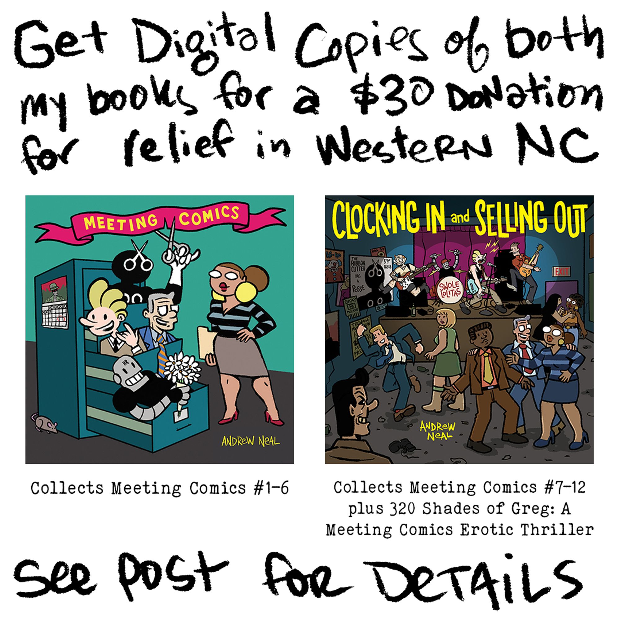 text: get digital copies of both my books for a $30 donation for relief in Western NC